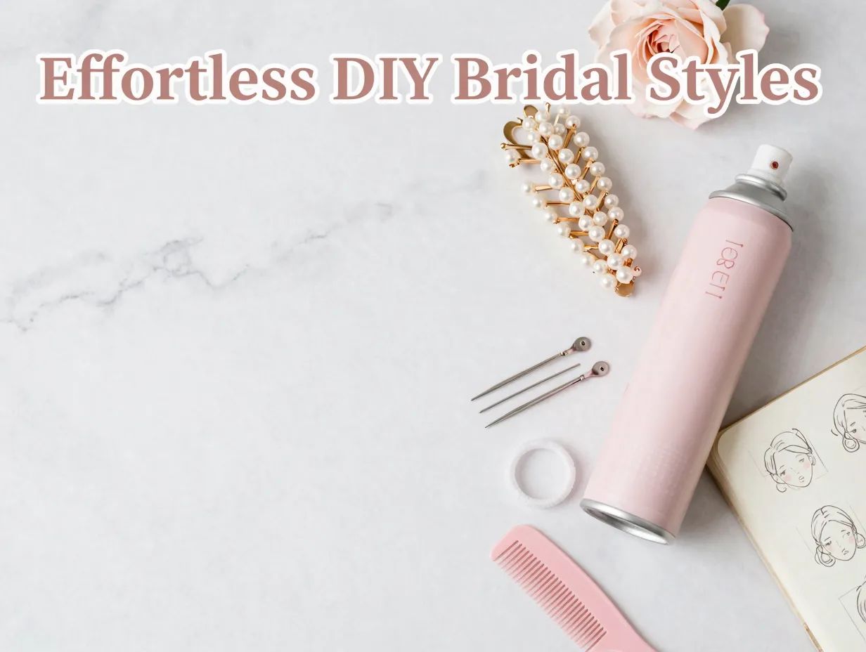 Flat lay diy bridal hair tools with floral accessories on marble surface