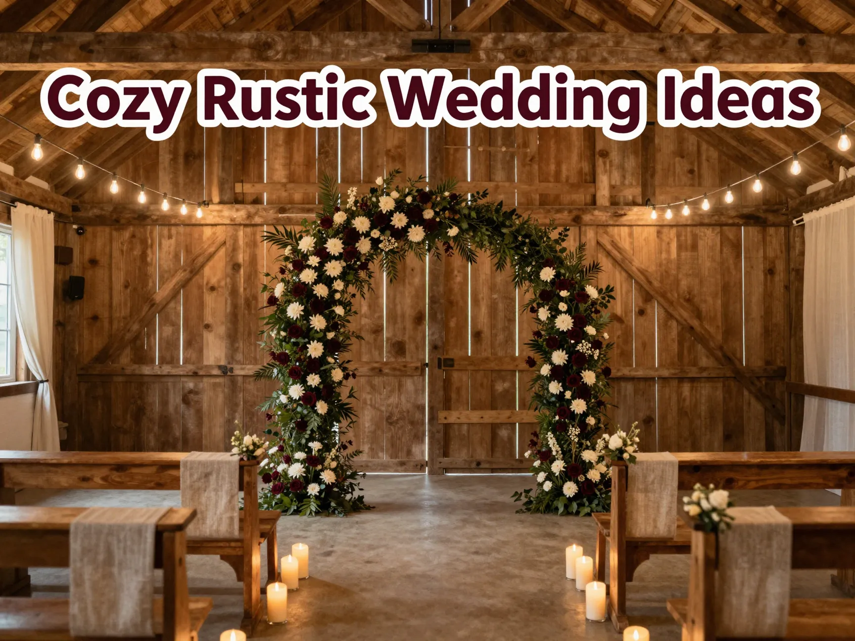 Overhead barn aisle candles floral arch linen wraps string lights