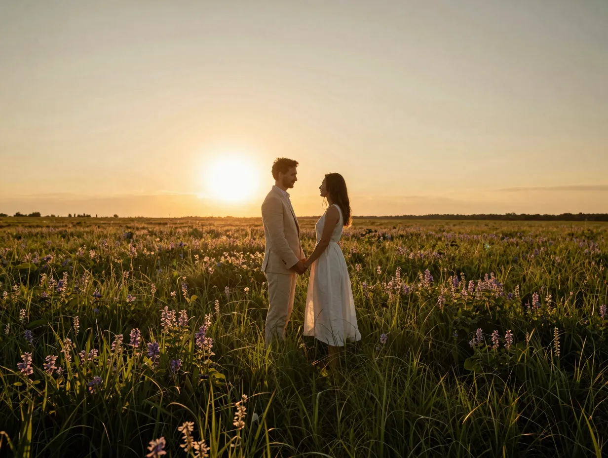 Couple in golden hour meadow with wildflowers and linen outfits