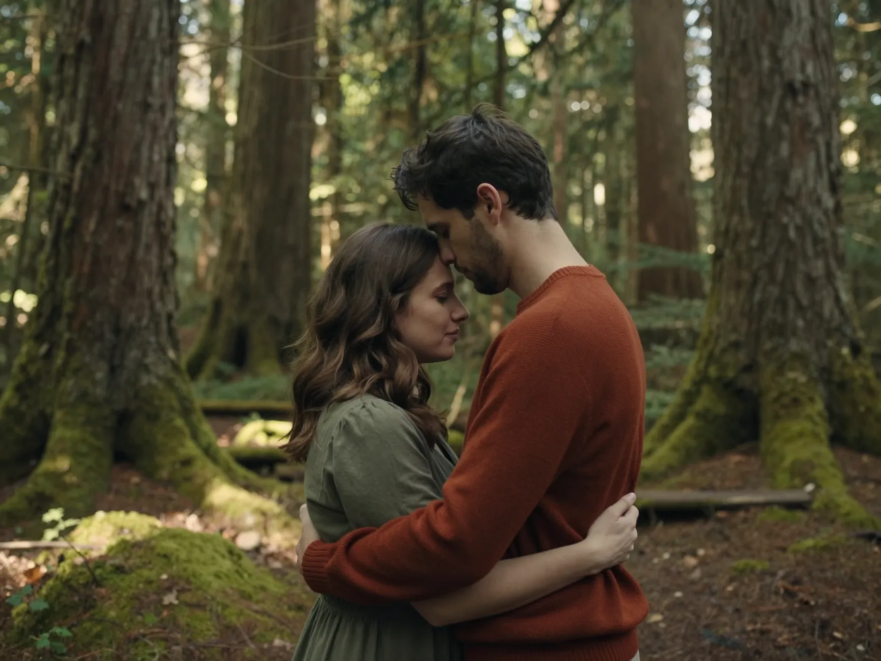 Couple embracing under dappled light in a mossy old growth forest