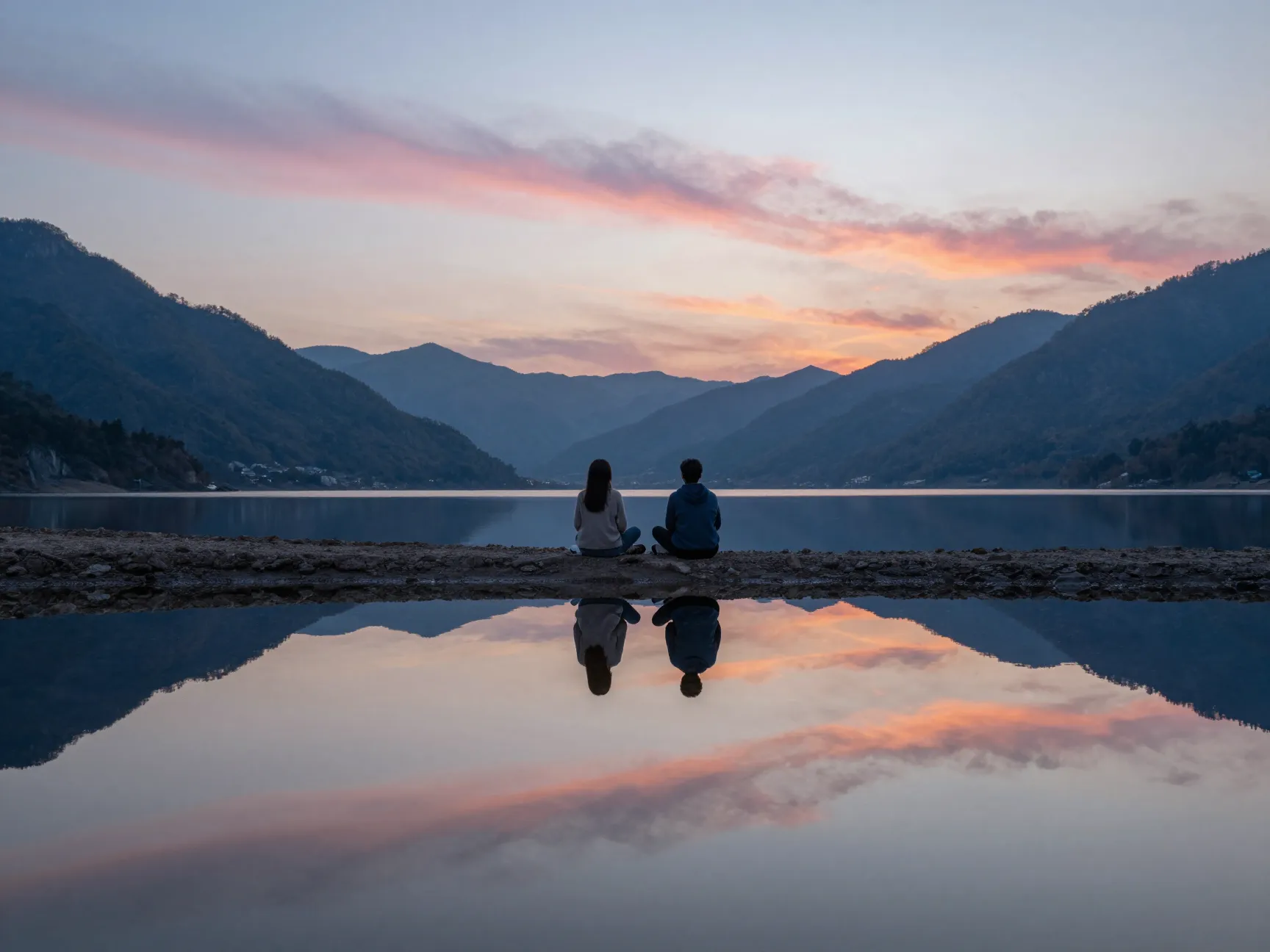 Couple on shoreline at dusk with mountain lake reflection