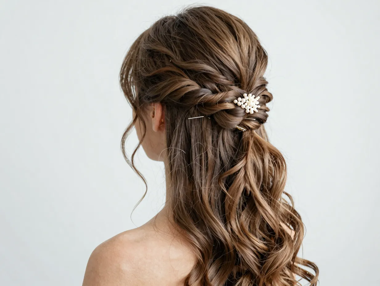 Half up twist with pearl barrette at the back