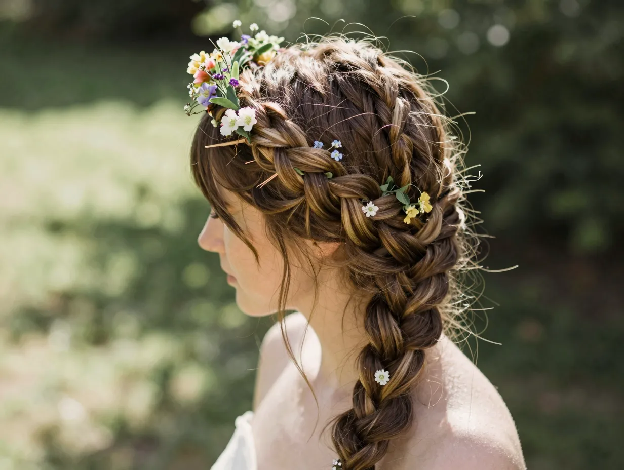 Braided crown with small flowers for outdoor wedding