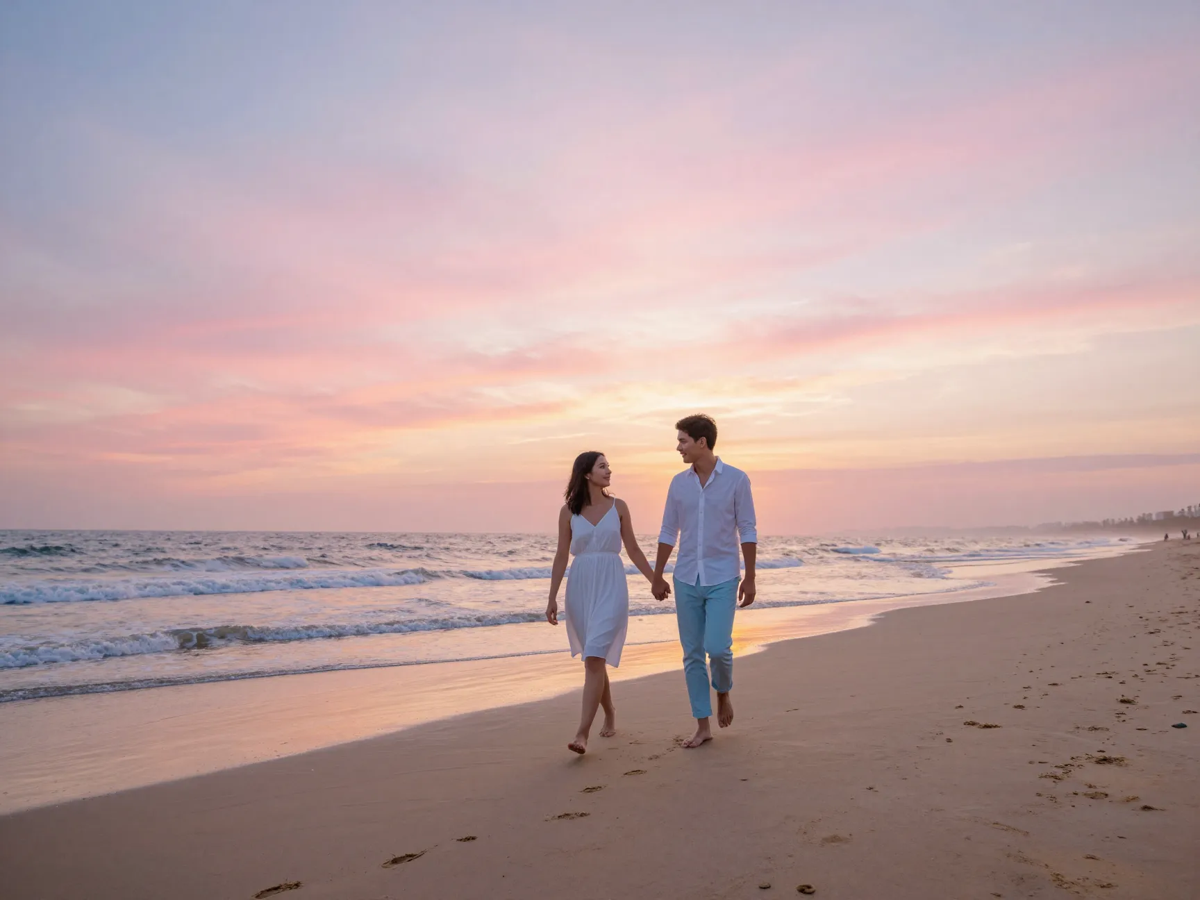 Couple walking barefoot on beach at sunset with pink sky
