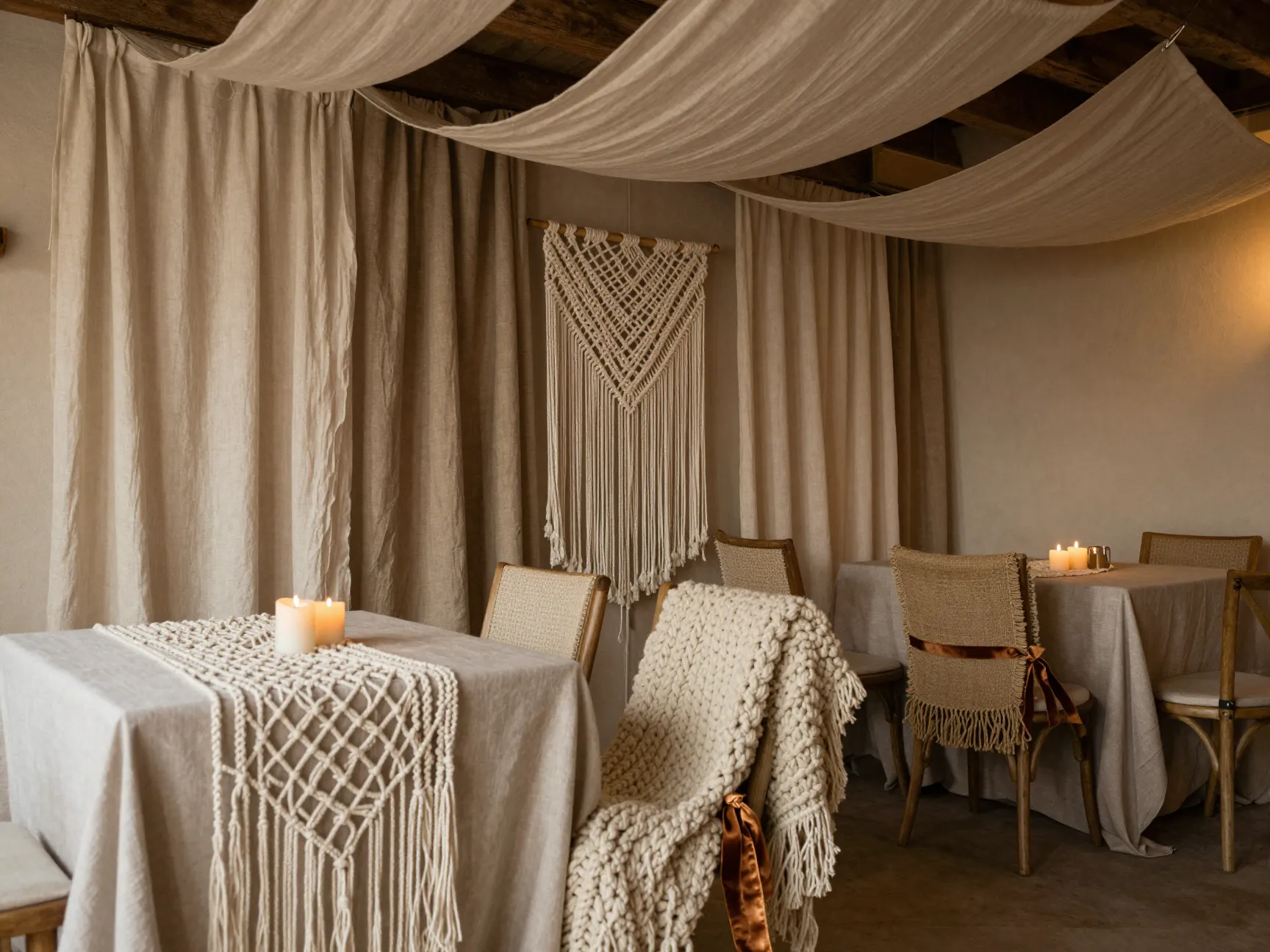 Linen drapery macrame textures rustic warm intimate space