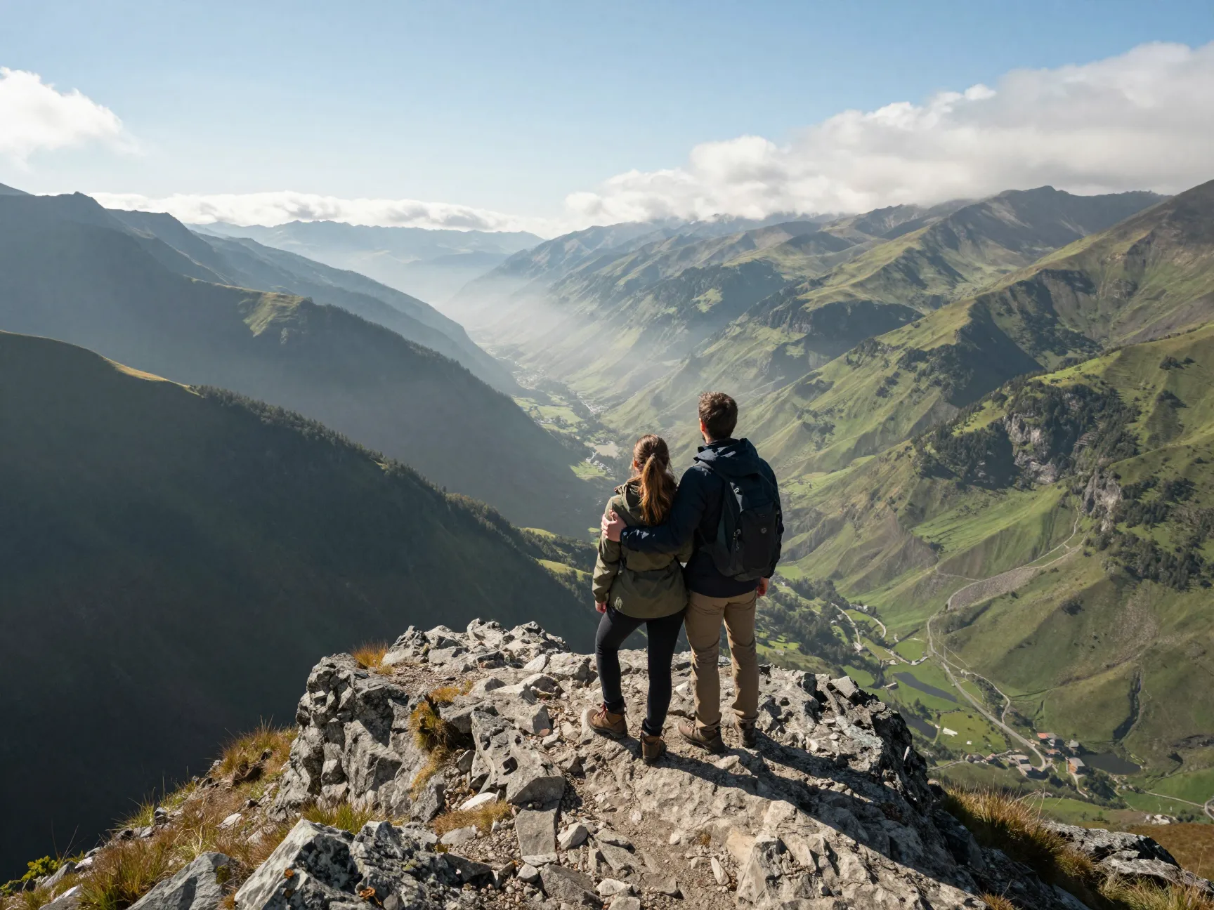 Adventurous couple on mountain ridge with dramatic valley view