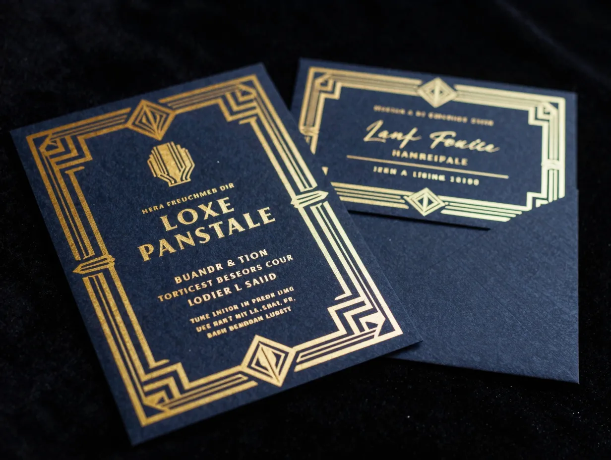 Luxe foil gold stamping navy base art deco geometric suite