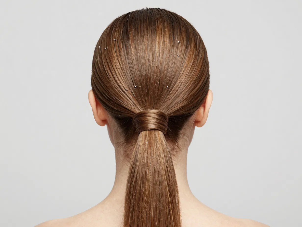 Sleek knotted low ponytail with hidden hair elastic