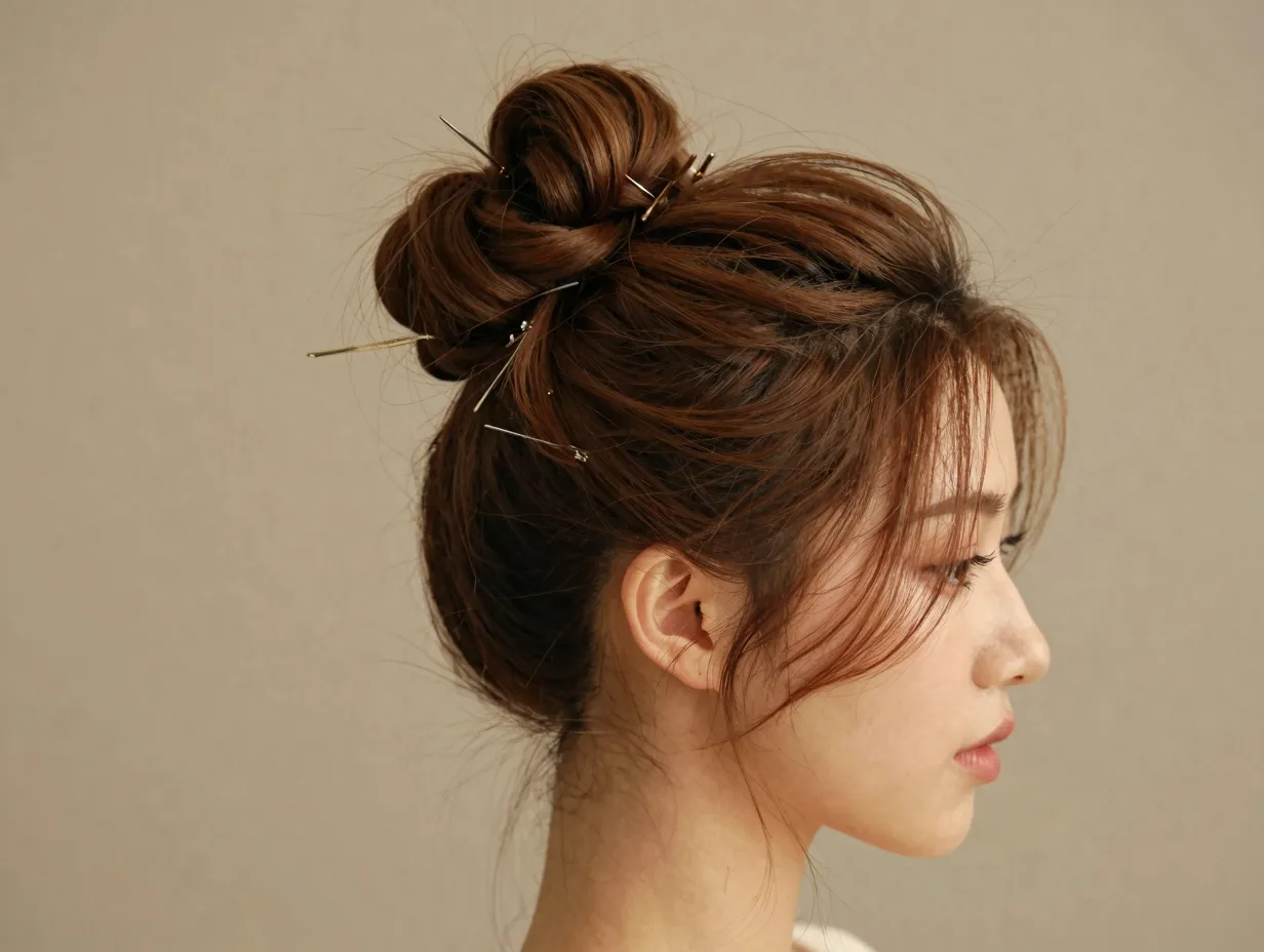 Messy high bun with romantic tendrils framing face