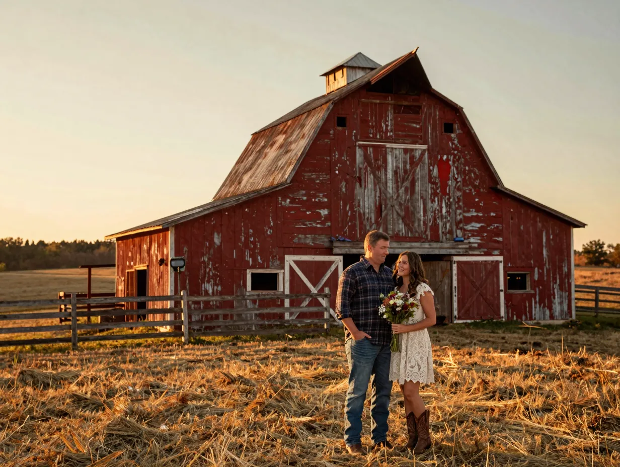 Couple by weathered red barn in rolling hay field at sunset