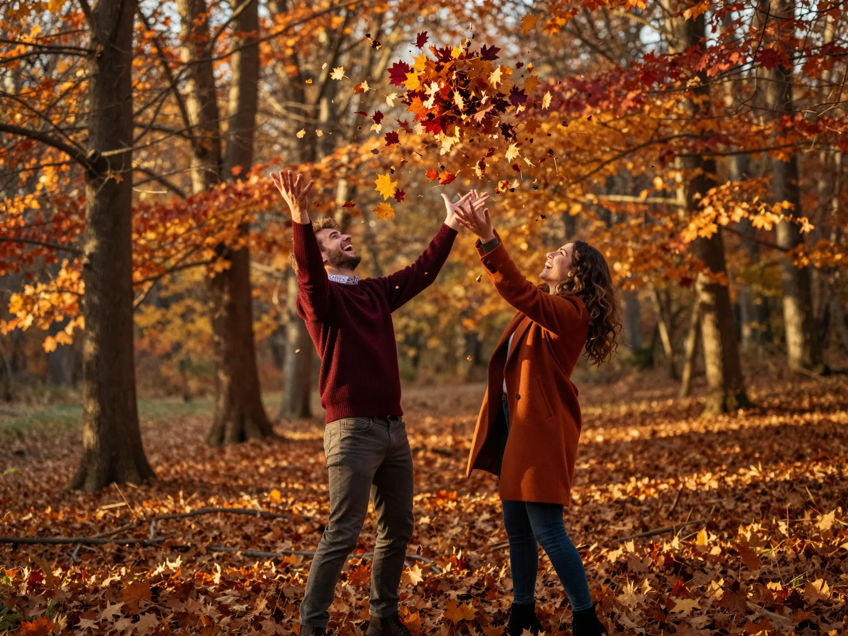 Couple tossing amber leaves in a fiery fall woodland