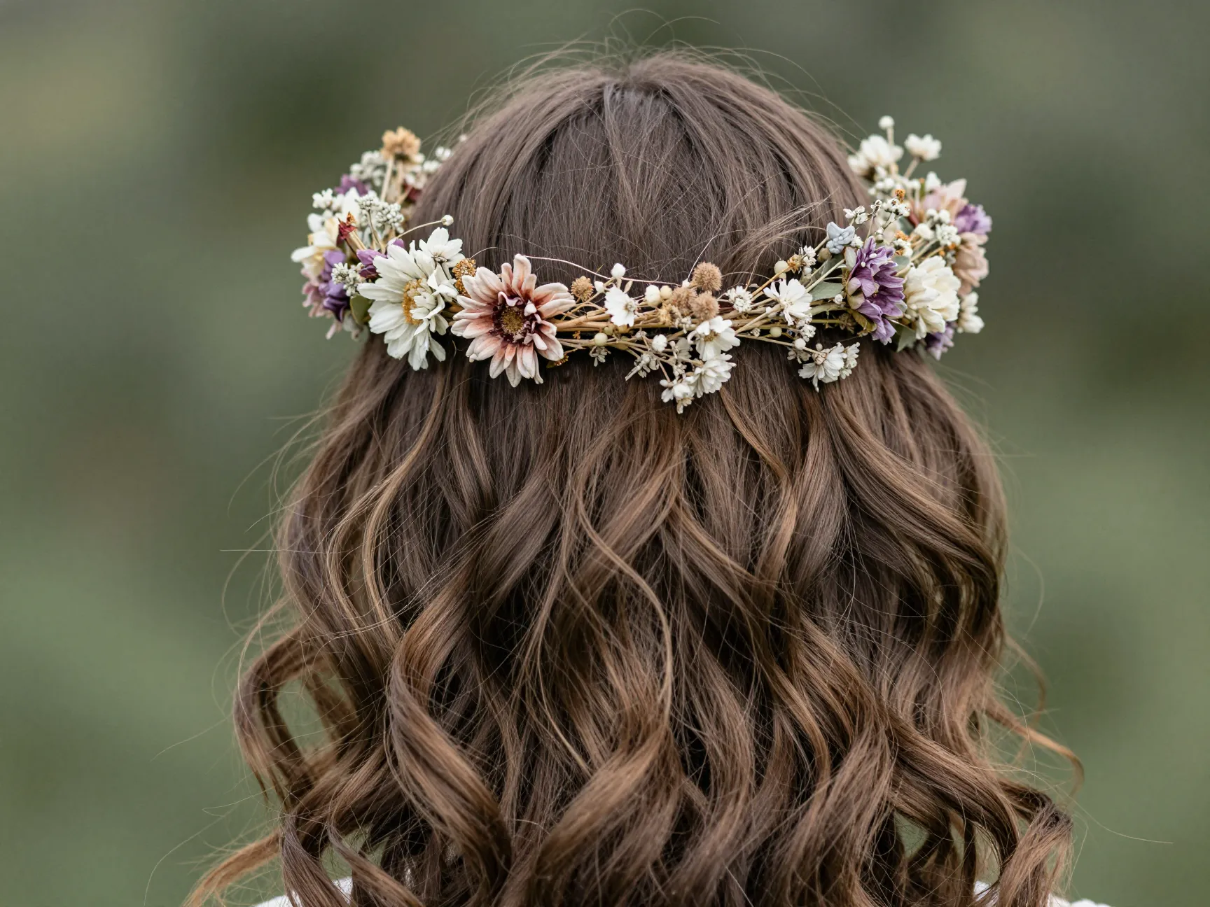 Floral crown resting on loose wavy bridal hair