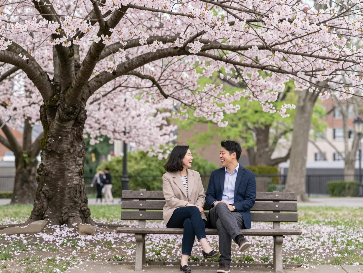 Couple at their first date park bench under blooming tree