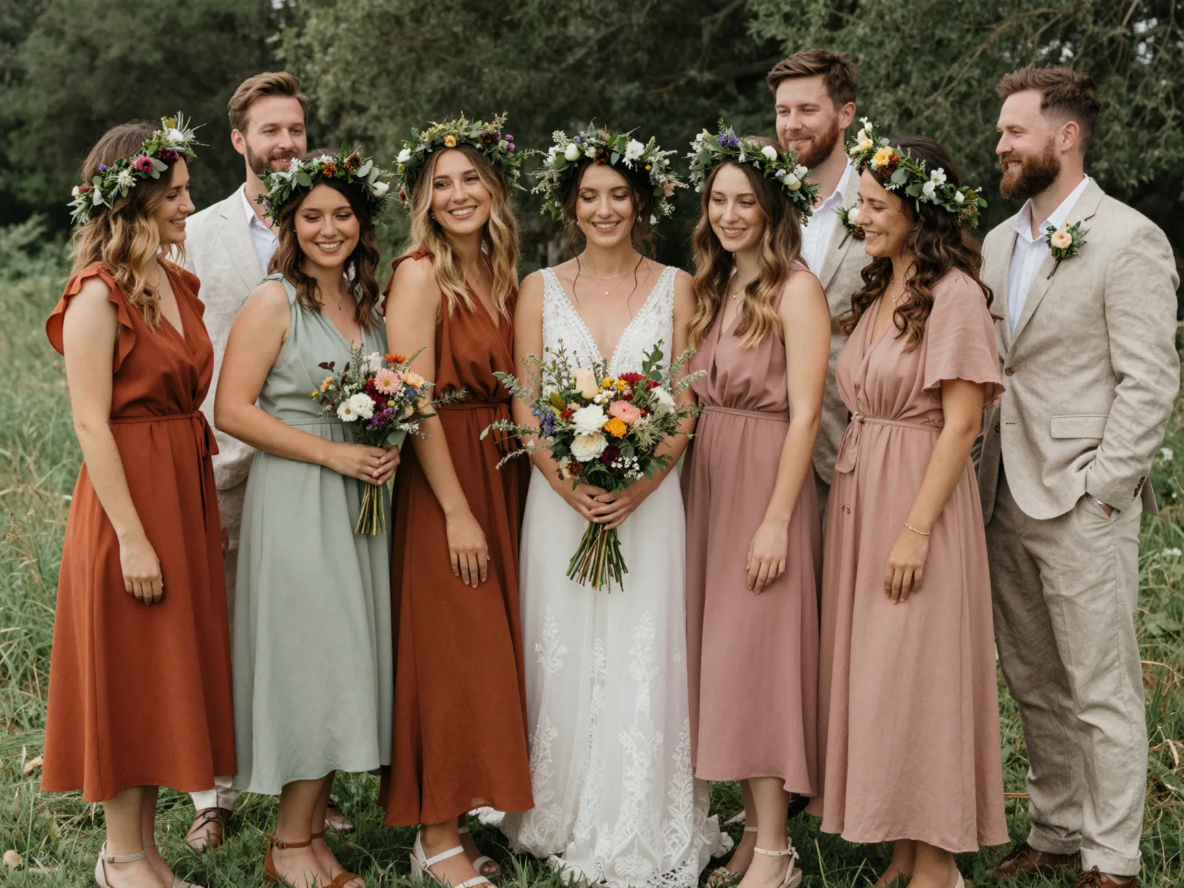 Rustic bridal party mix match dresses flower crowns styling