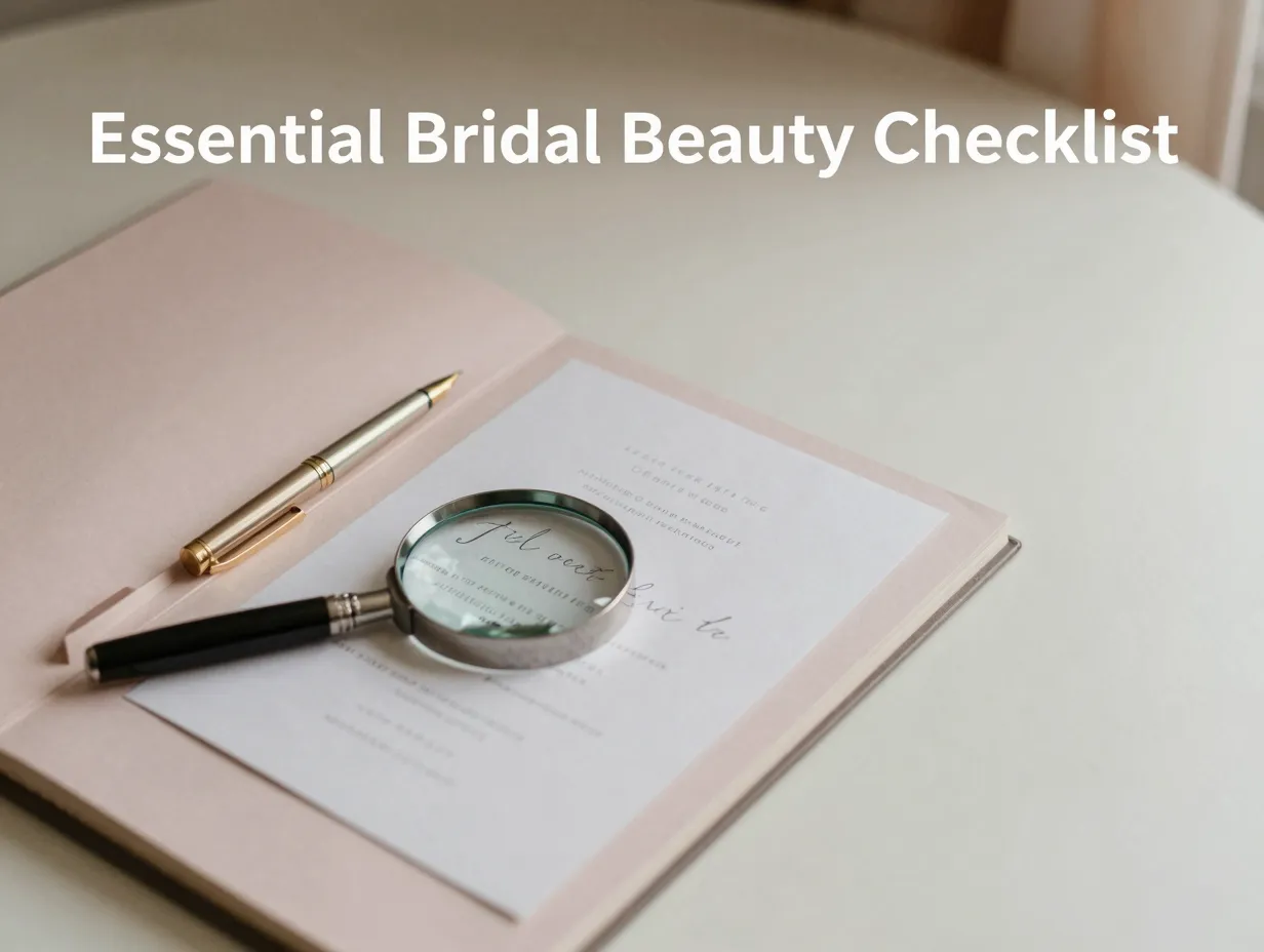 Bridal makeup checklist artist portfolio invitation pen magnifying glass