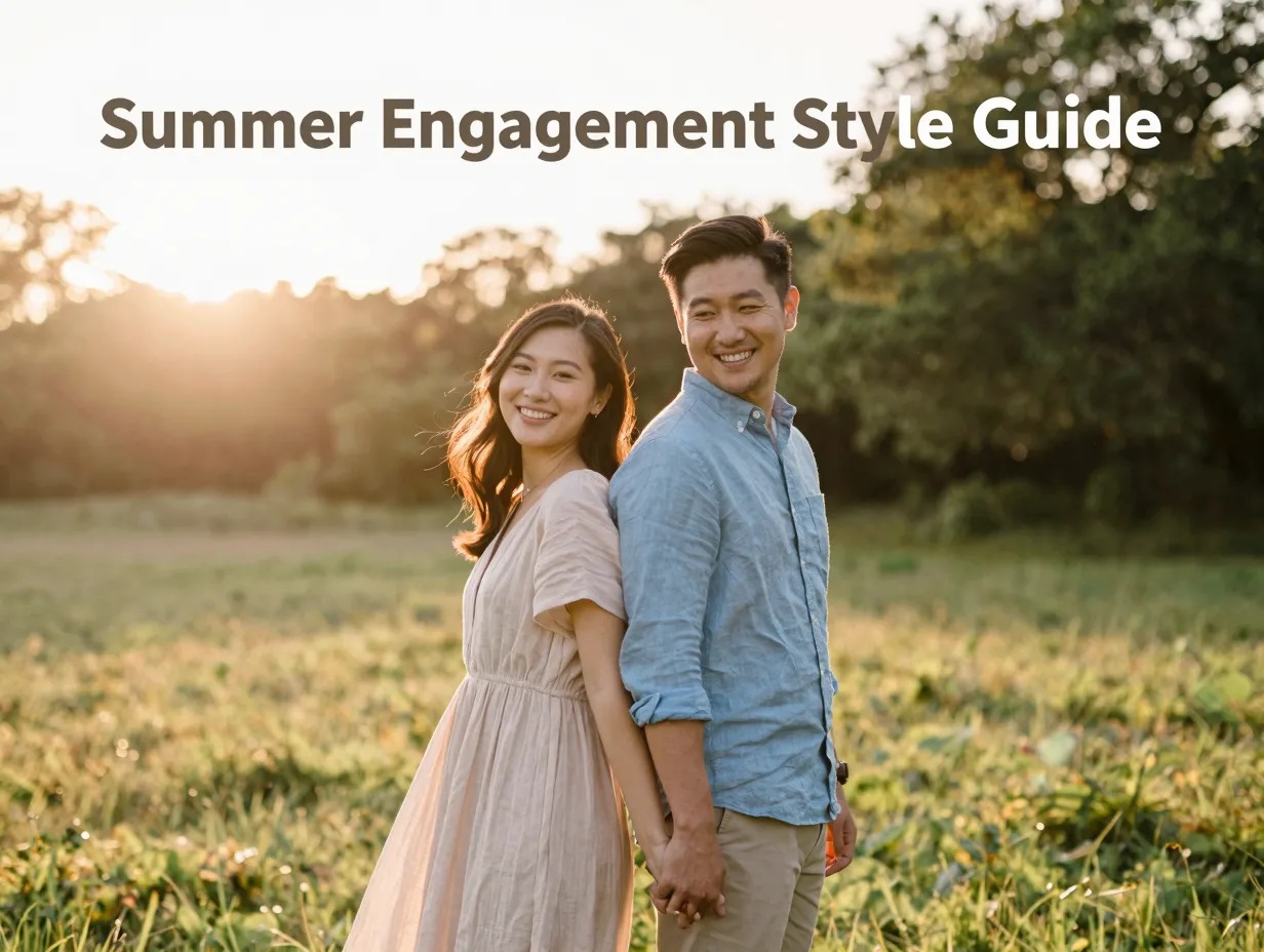 Couple linen outfits golden hour meadow back to back smiling