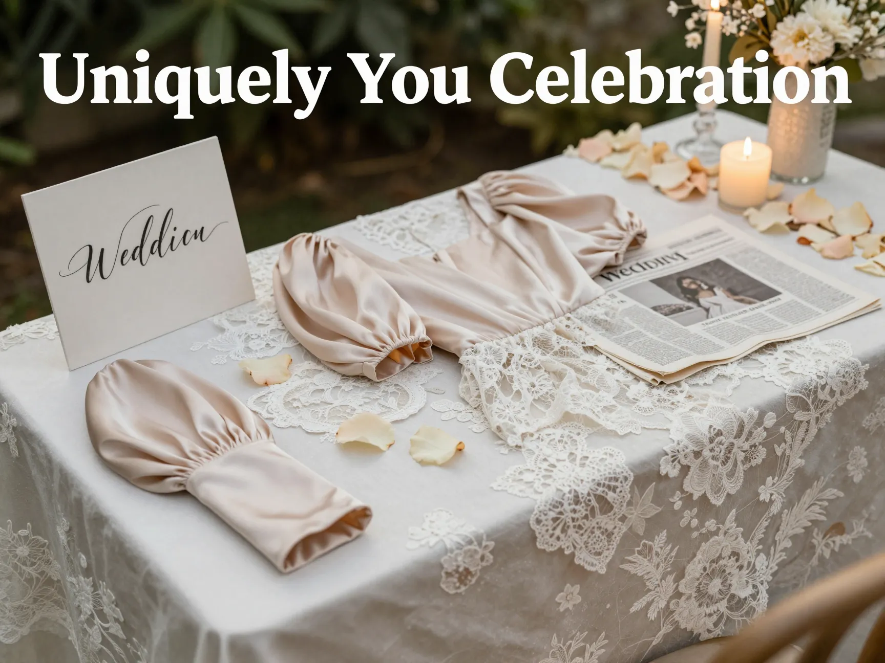 Modern vintage bridal silk lace calligraphy newspaper petal tunnel