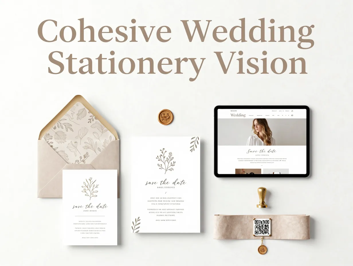 Wedding invitation save date stationery suite cohesive flat lay design