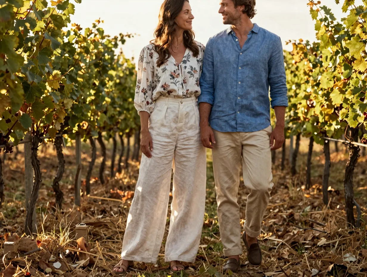 A couple wearing coordinated linen outfits in a sunlit vineyard setting