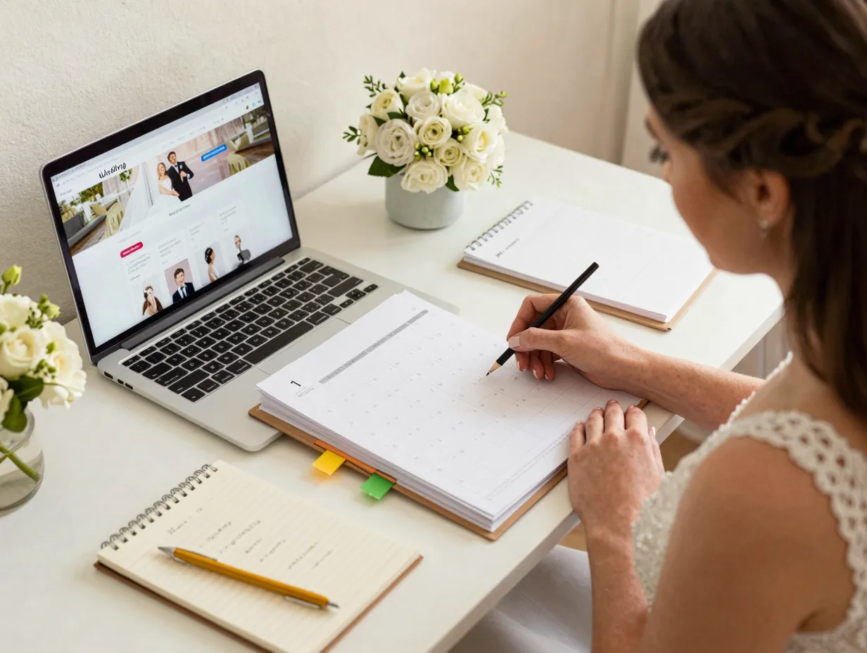 Bride using calendar planning makeup booking timeline