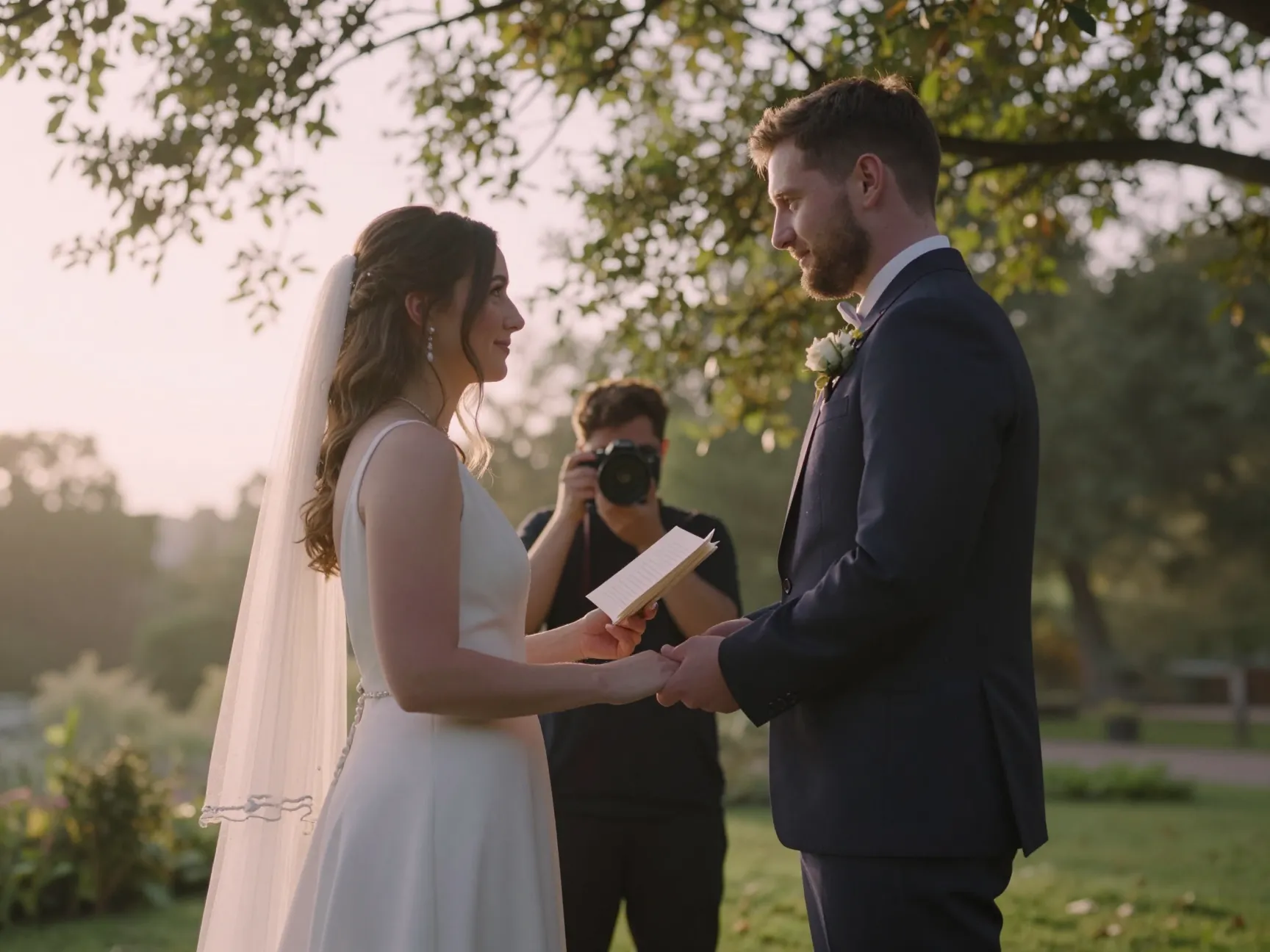 Couple exchanging private wedding vows in garden before ceremony at sunrise