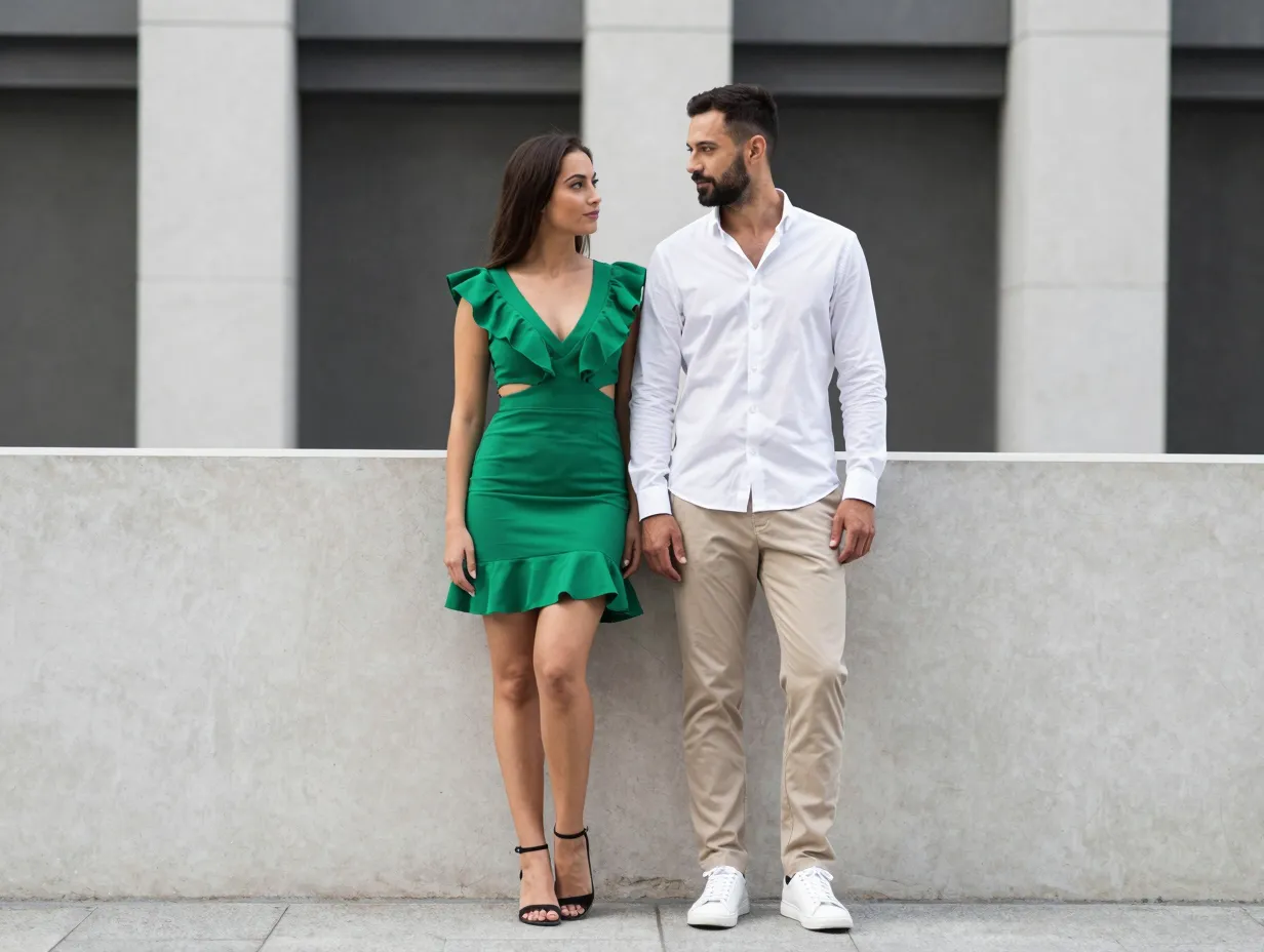 An engaged couple in bold and neutral colors against a modern city backdrop