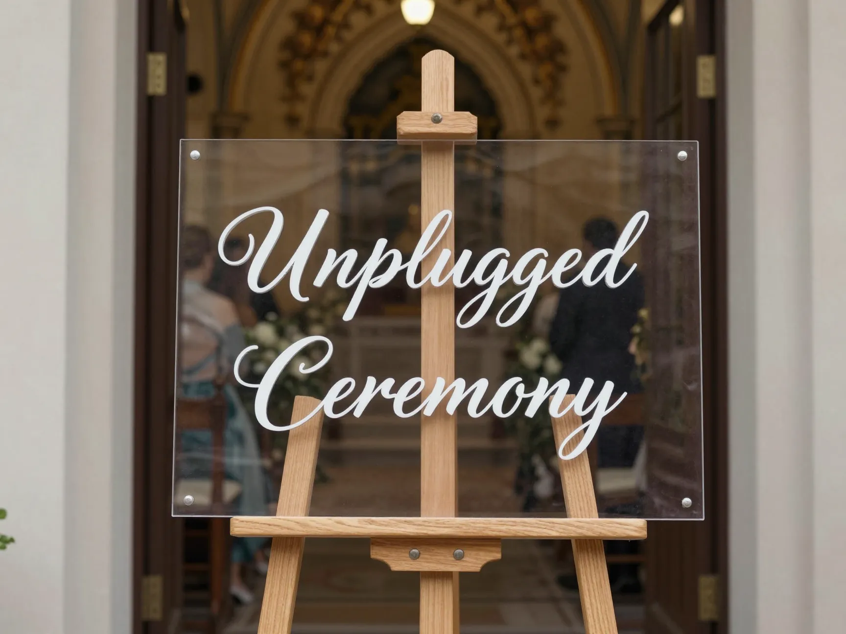 Elegant unplugged wedding ceremony sign at ornate chapel entrance