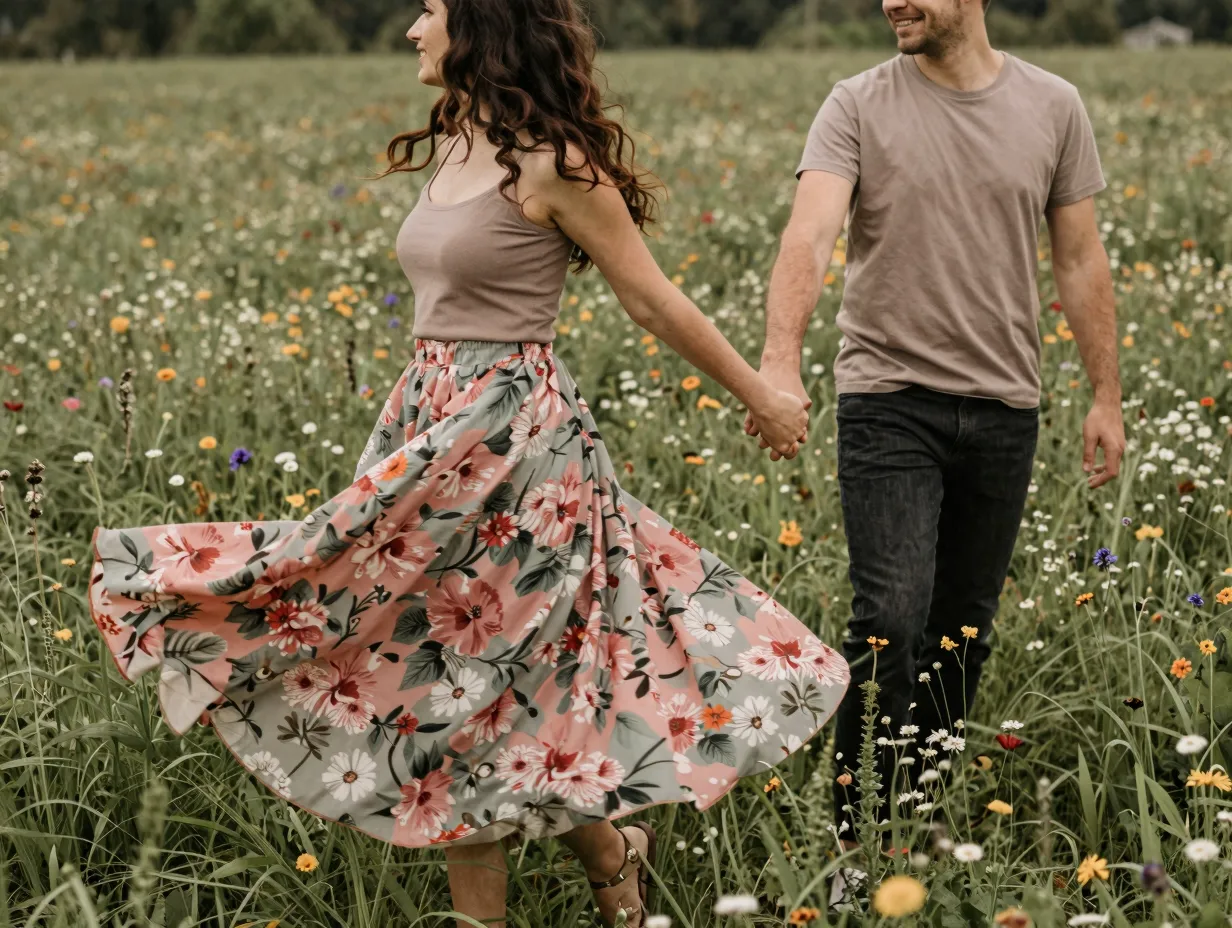 A couple in a floral maxi skirt and simple top in a wildflower field