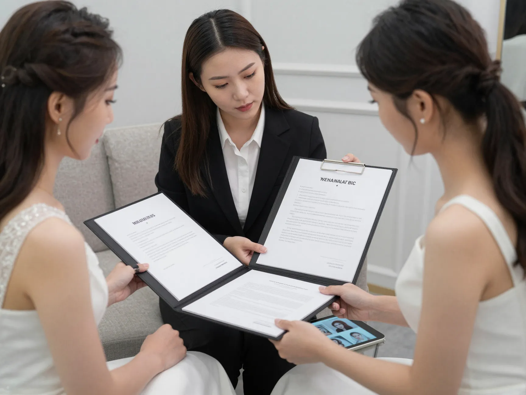 Bride consulting with bridal beauty agency coordinator