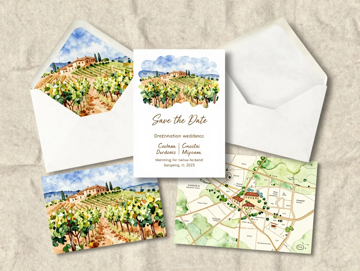 Destination wedding suite tuscany watercolor vineyard illustration map