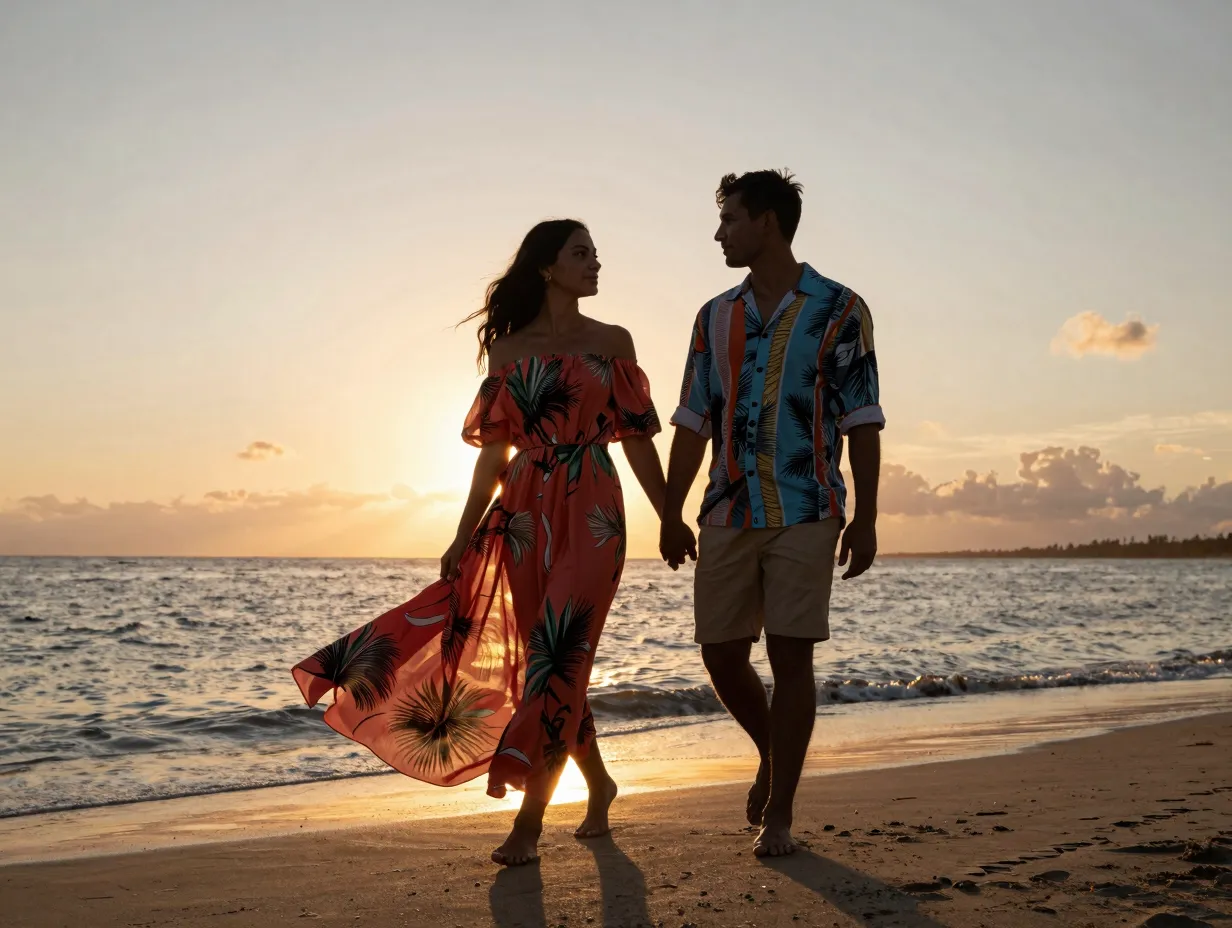 A couple in tropical outfits during a beach golden hour photoshoot