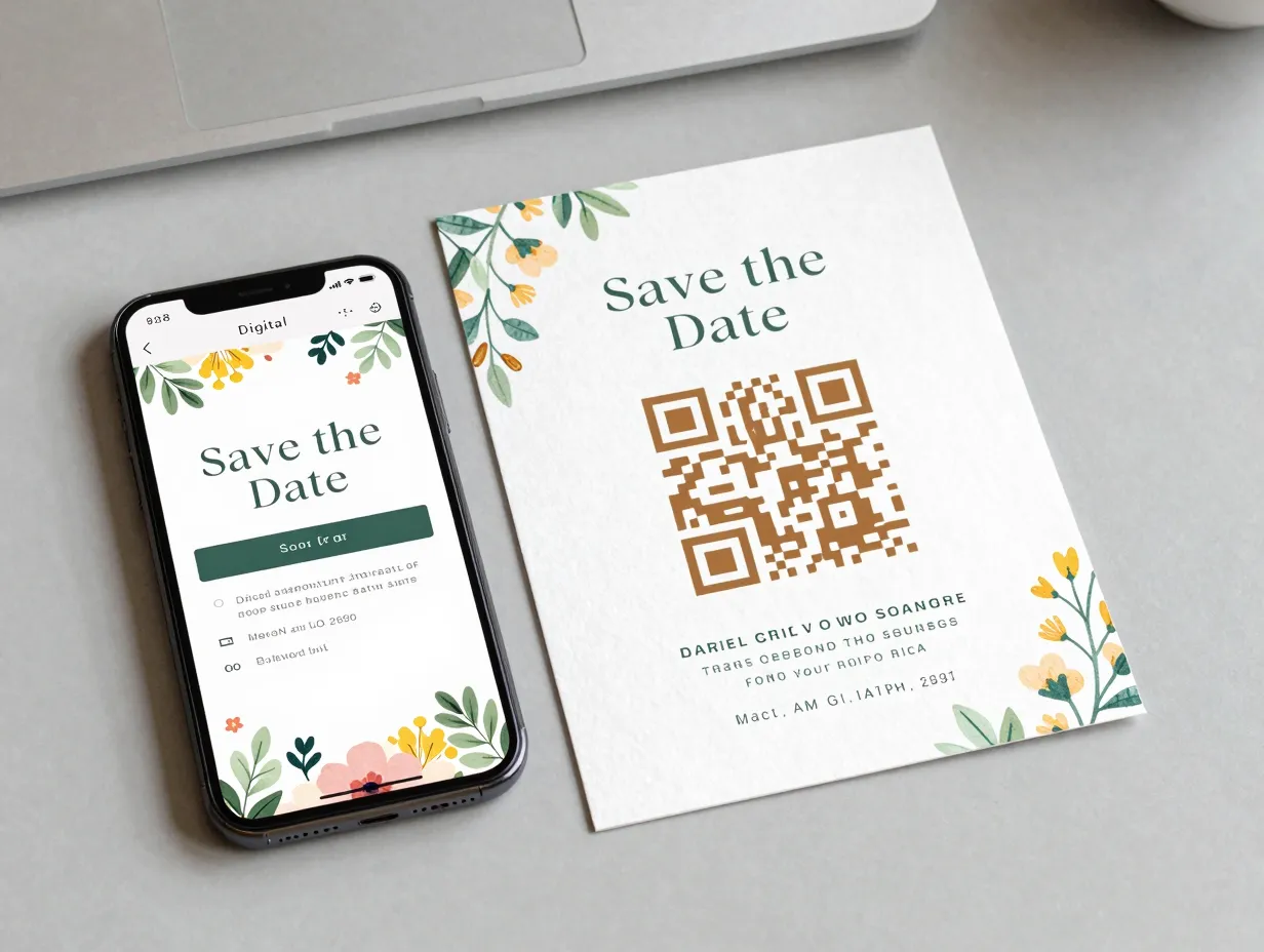 Hybrid stationery combo digital save the date screen paper invitation qr code