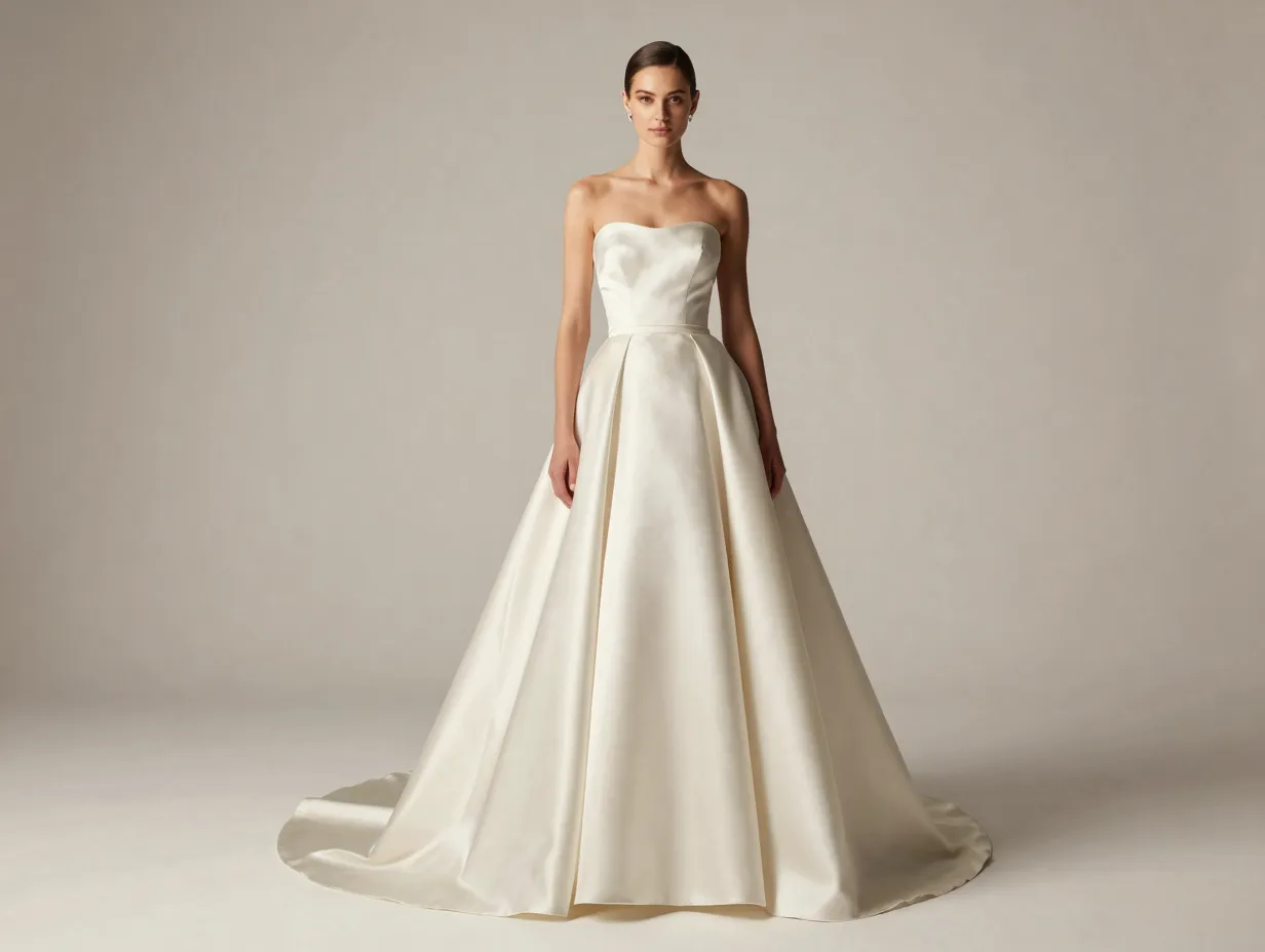 Modern bride in champagne silk basque waist wedding gown