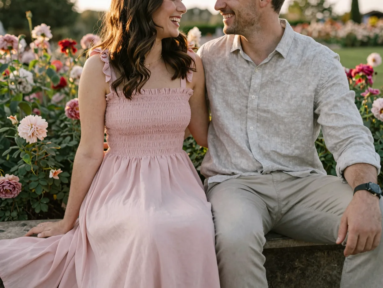 A couple in soft pink and neutral outfits in a blooming flower garden