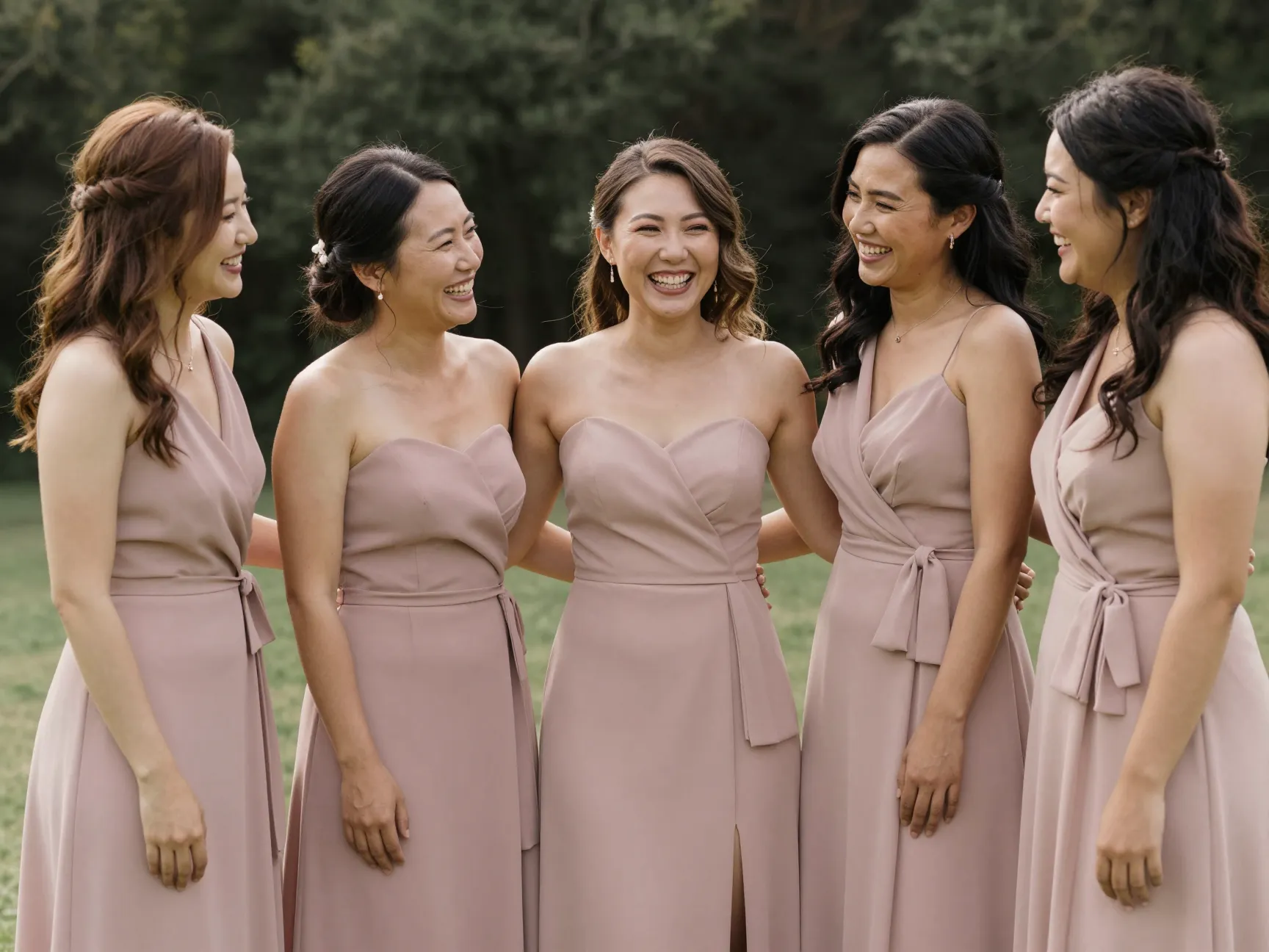 Group of mismatched bridesmaids in dusty rose different silhouettes