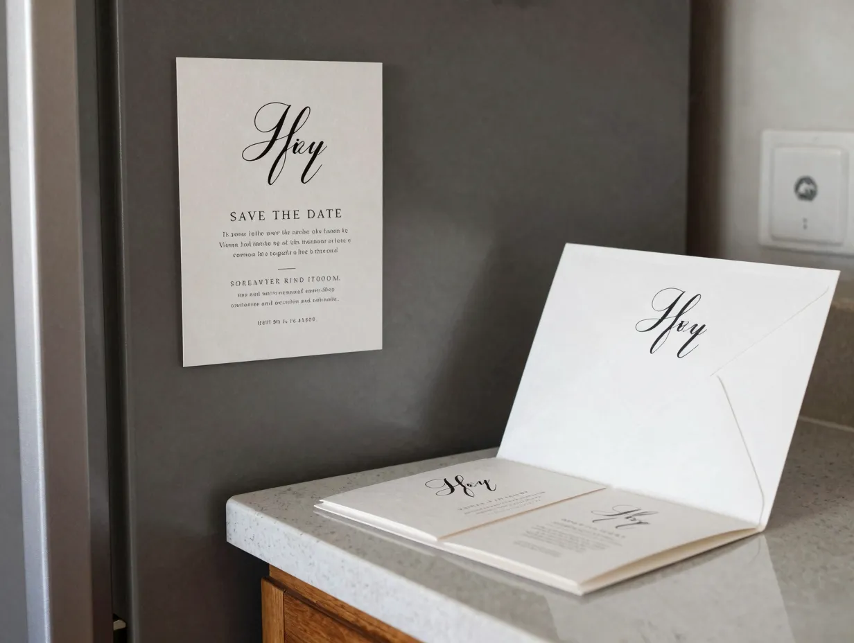 Magnetic save the date fridge luxury paper invitation suite matching monogram