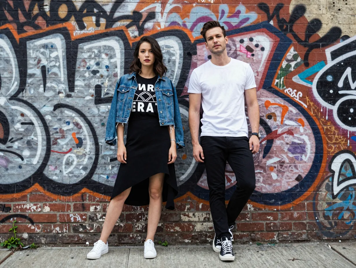 An edgy urban couple posing against a graffiti covered brick wall
