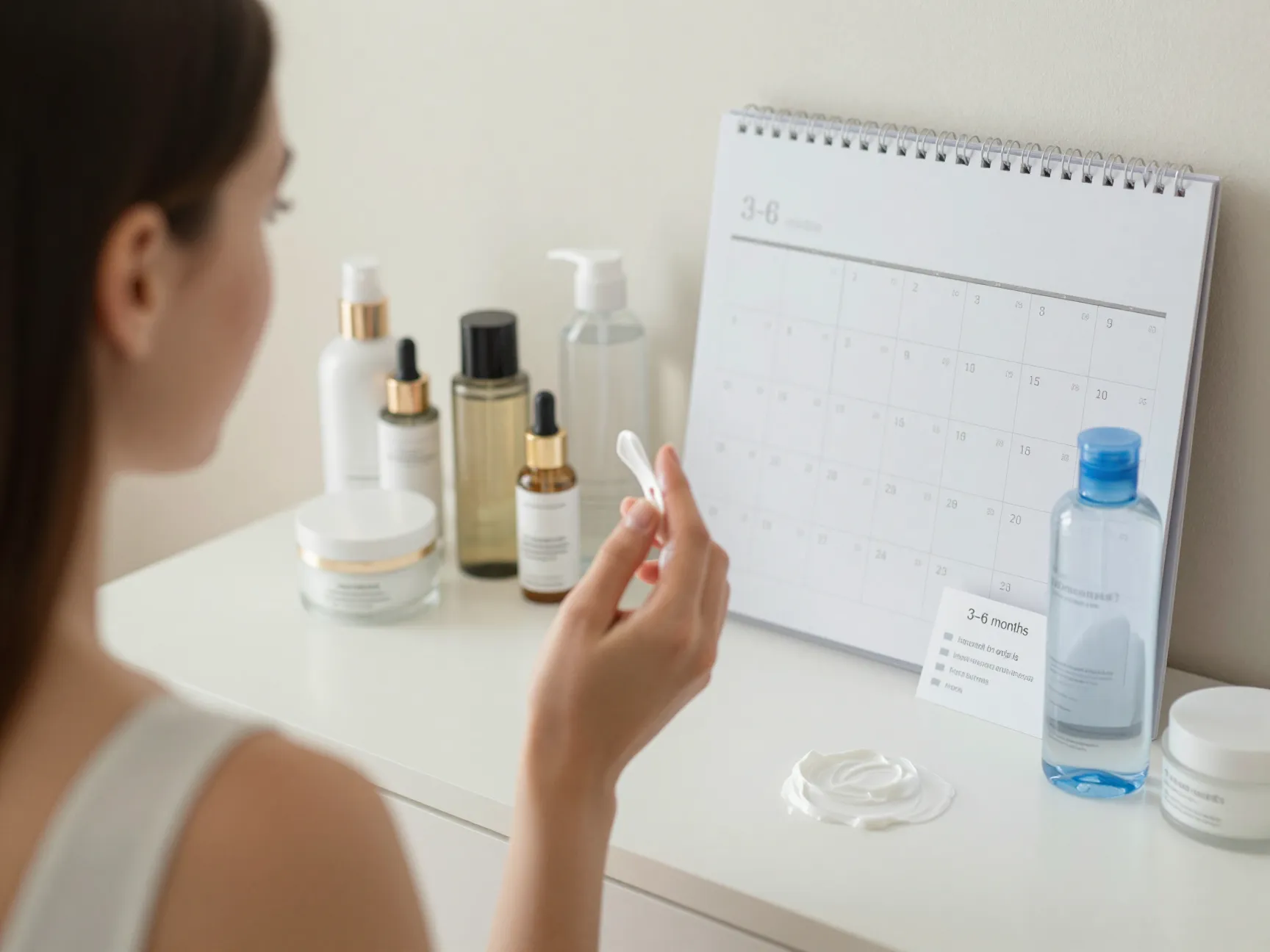 Brides skincare routine with products and calendar