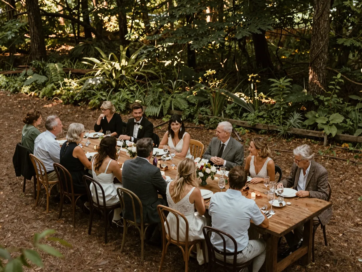 Intimate micro wedding dinner party in private forest clearing