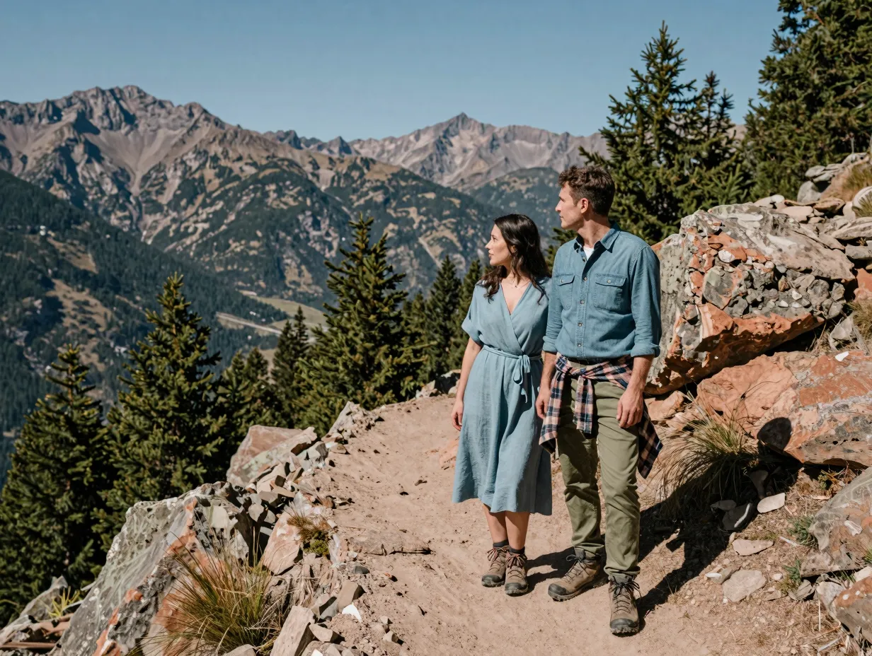 A couple in earthy toned outfits on a scenic mountain trail