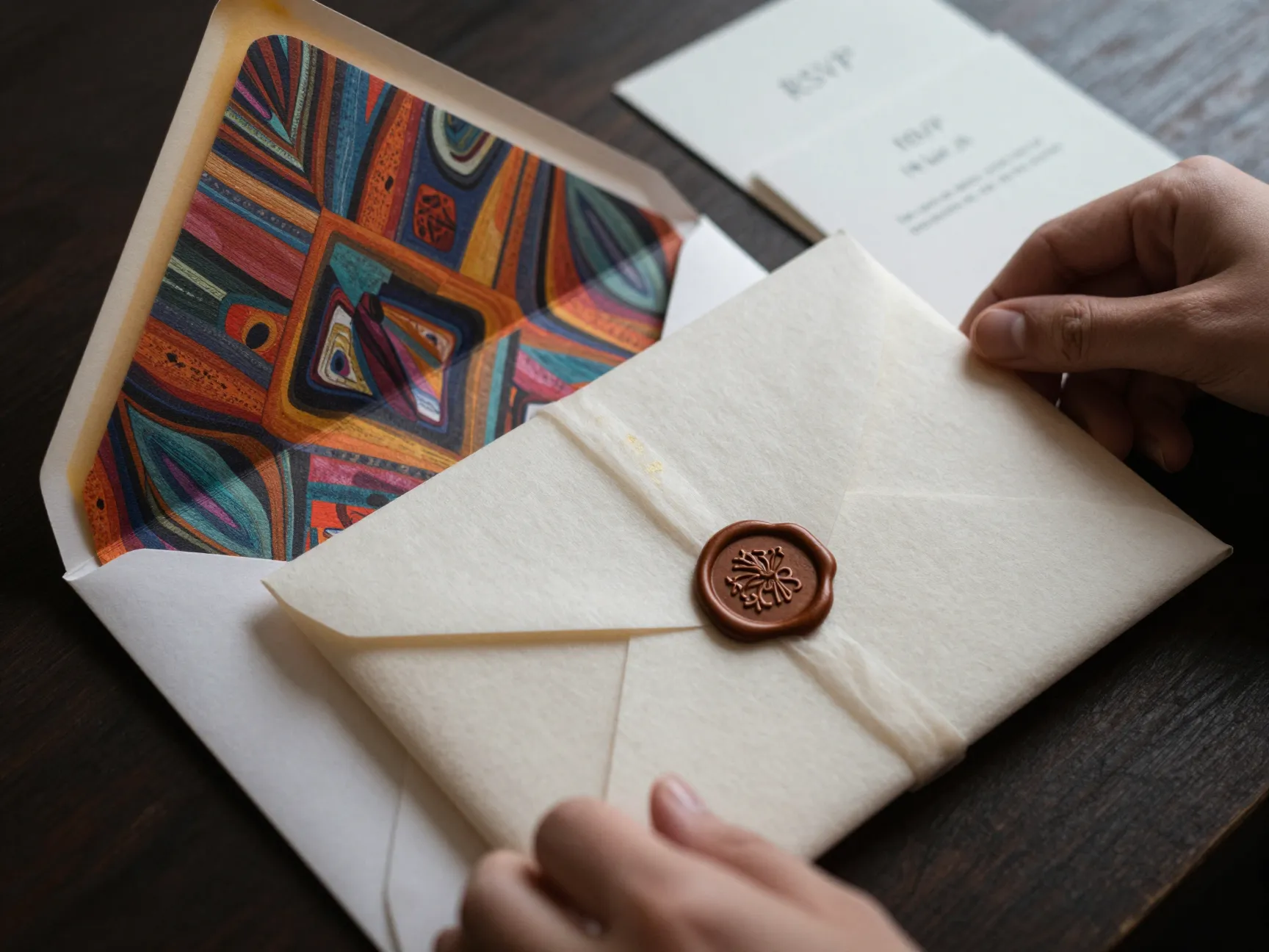 Luxury unboxing experience custom envelope liner vellum wrap wax seal