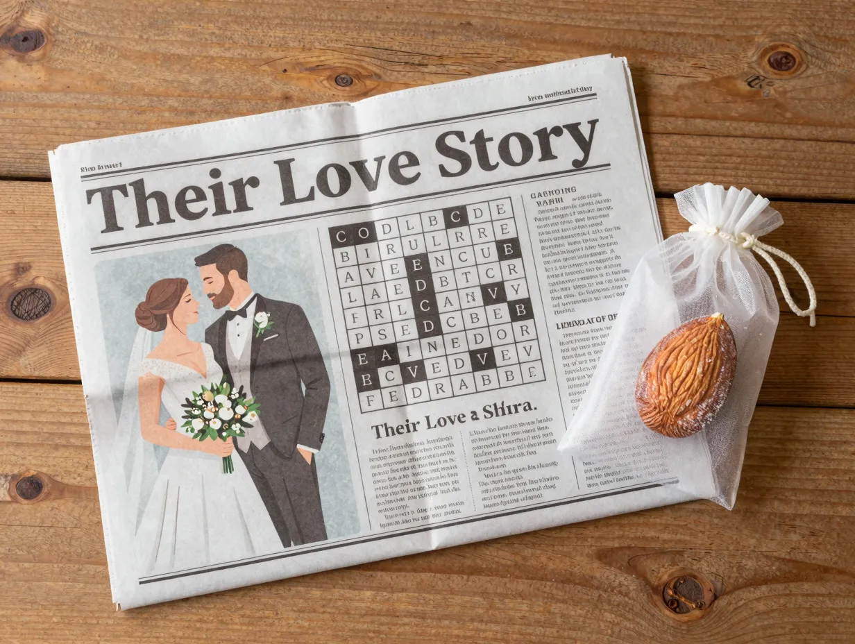 Personalized wedding newspaper favor with love story crossword portrait
