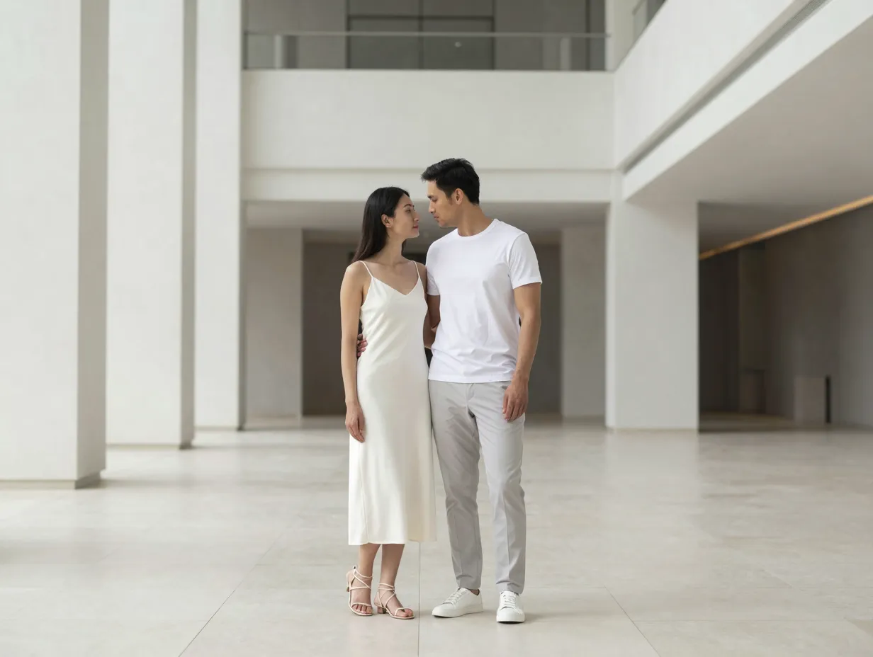 A minimalist couple in sleek white outfits in an architectural urban space