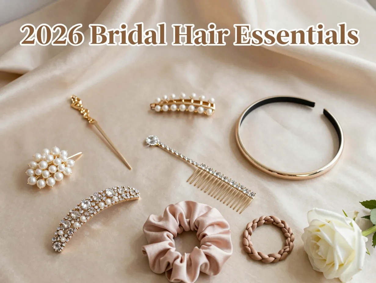 Sculptural pearl crystal metal headband comb tiara scrunchie braid flatlay