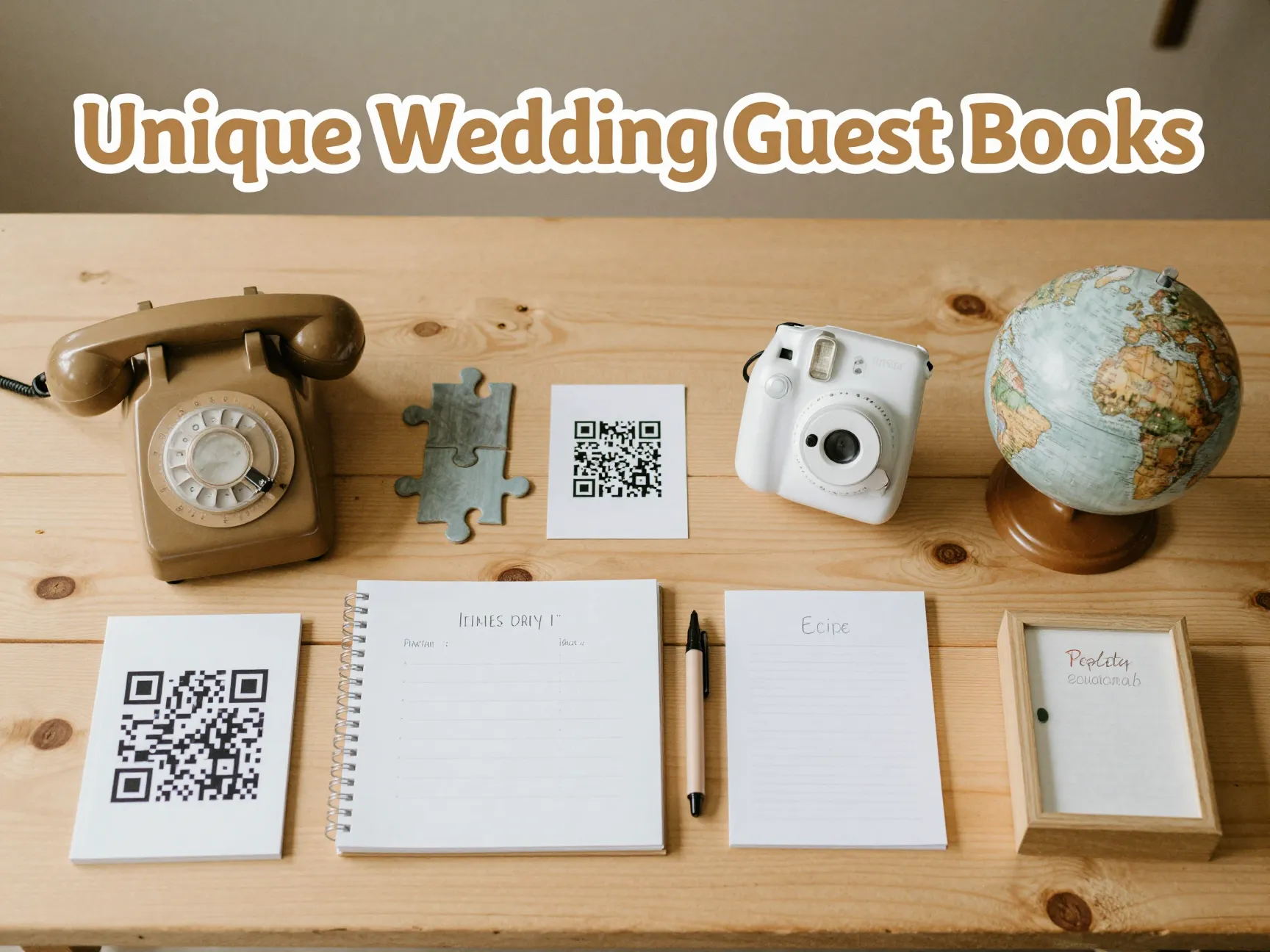 Vintage phone qr code puzzle globe recipe card guest book alternatives flatlay