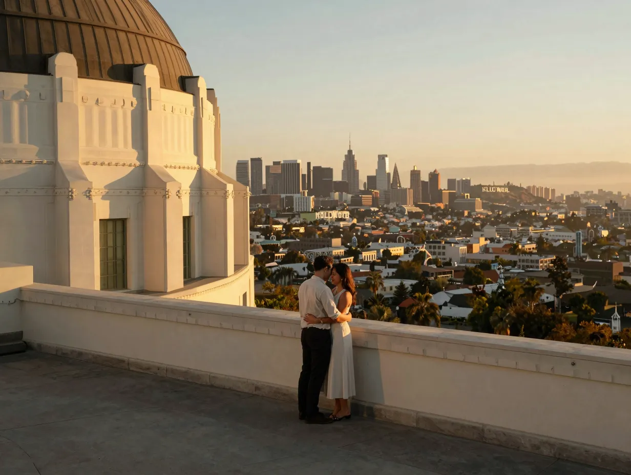 A couple embraces before golden hour city lights at griffith observatory