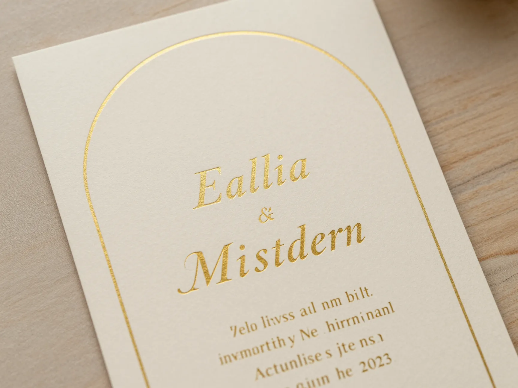 Arch shaped die cut invitation with gold foil on heavy paper