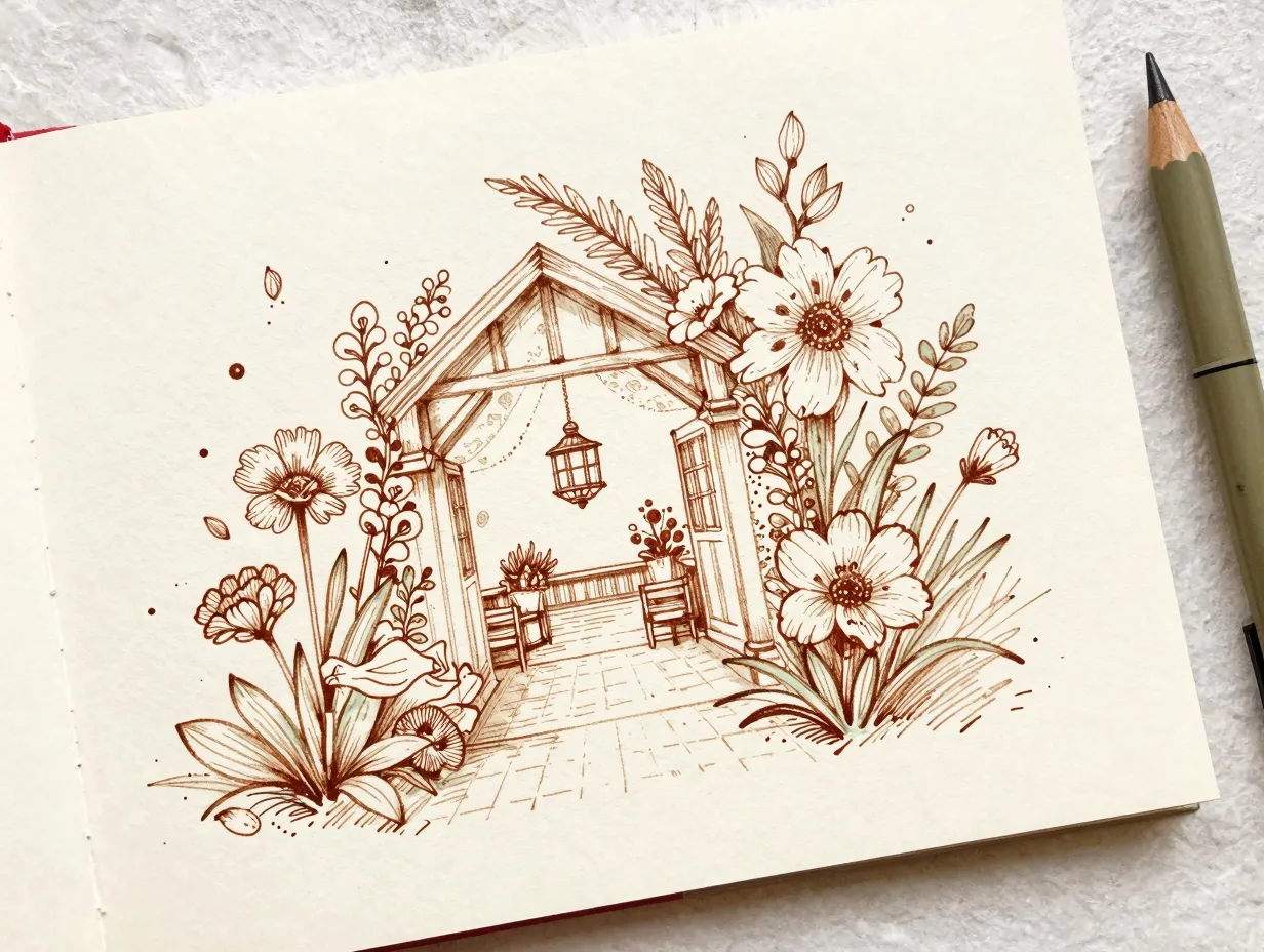 Hand drawn scribble style floral sketch on cream cardstock