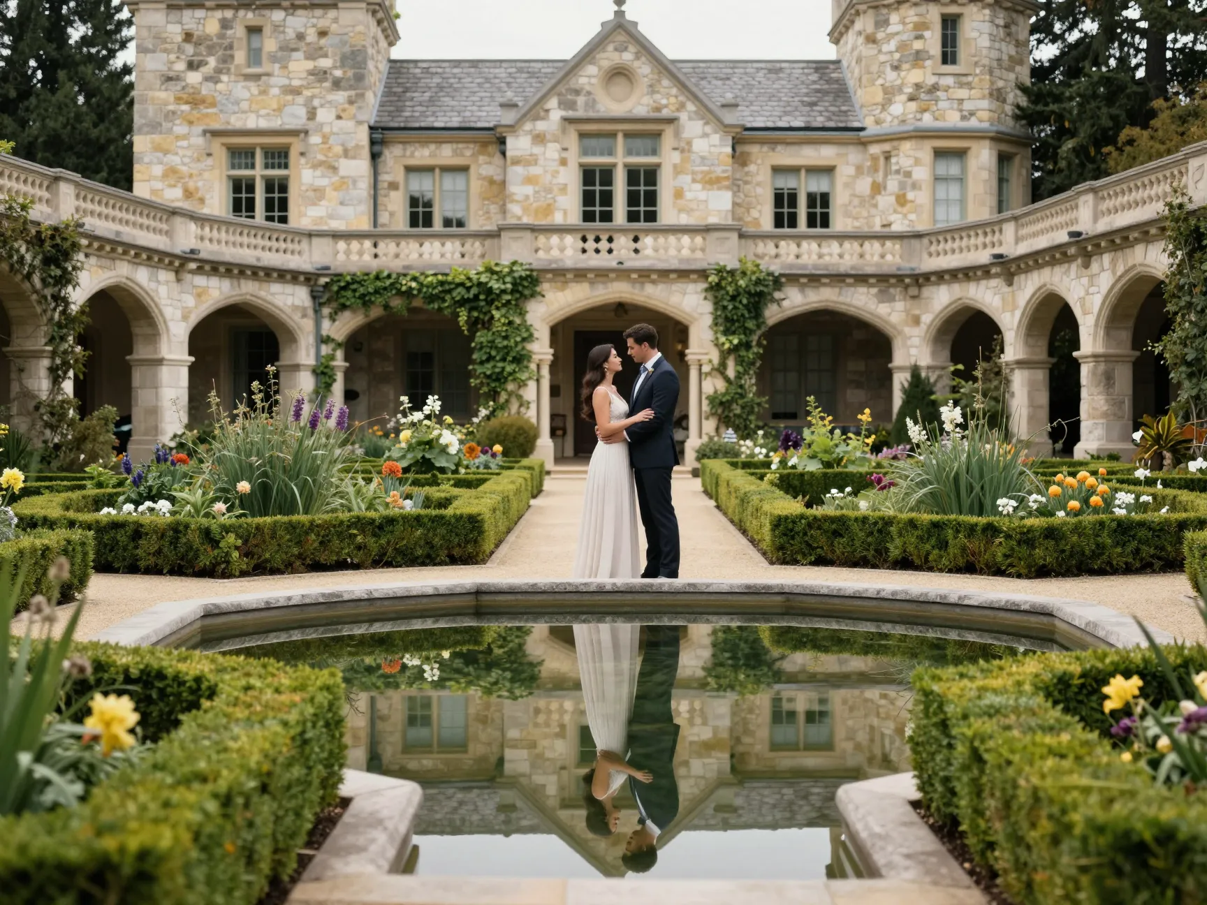 A couple shares a romantic moment in greystone mansions formal gardens