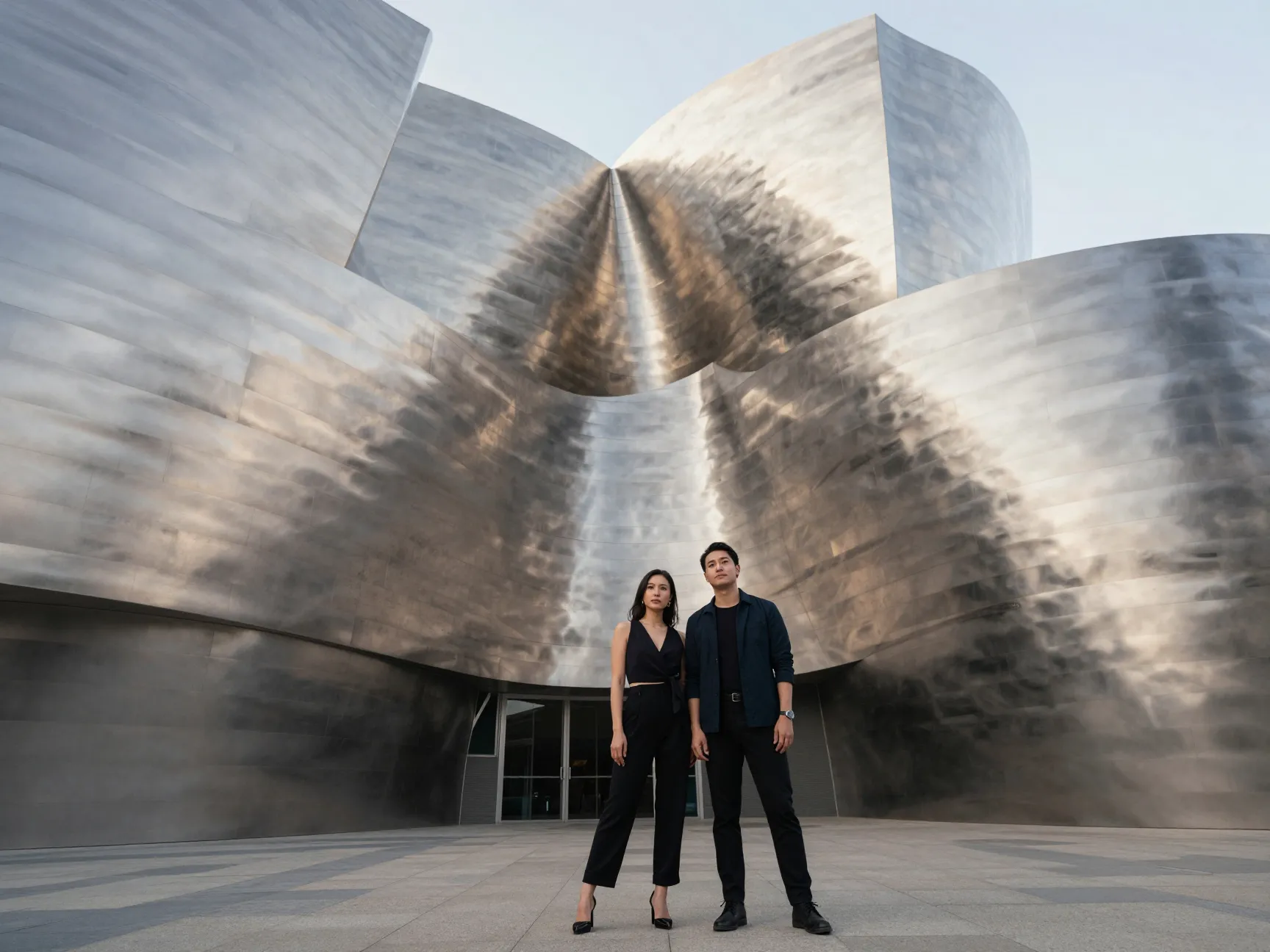 A modern couple stands before the reflective curves of walt disney concert hall